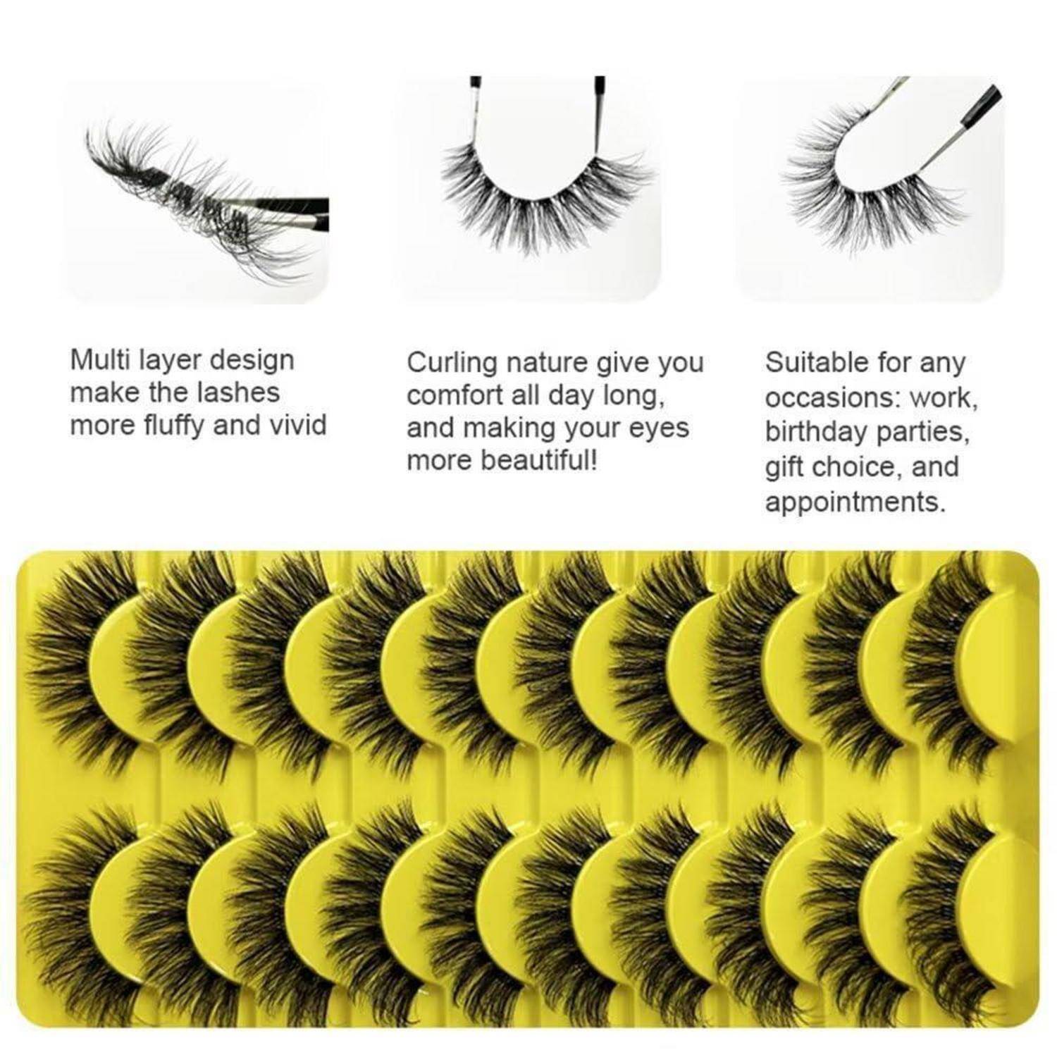 Produktbild mit mehrlagigen künstlichen Wimpern mit natürlicher Wölbung, plus eine Reihe schwarzer Wimpern auf gelber Verpackung und Text, der die alltägliche Verwendung bewirbt.