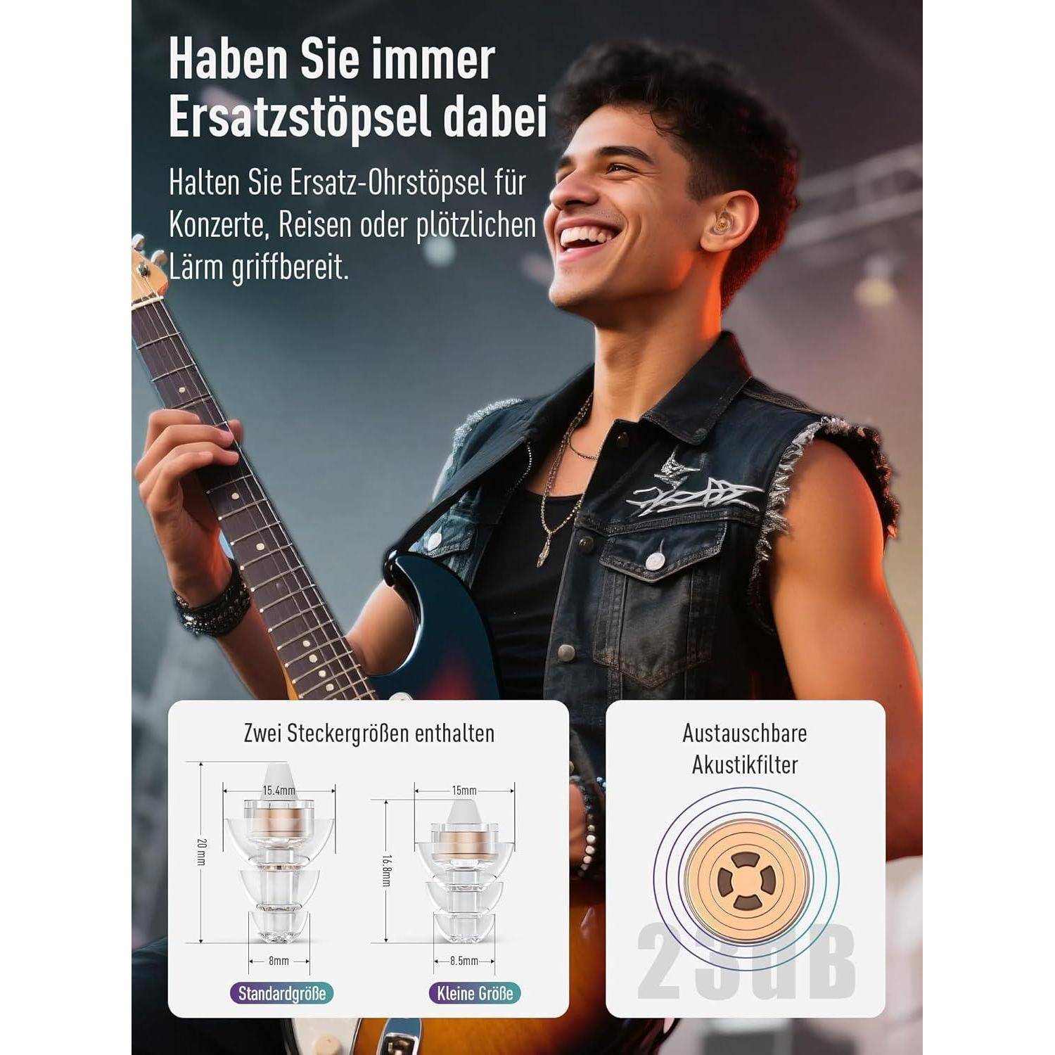 Ein lächelnder Gitarrist hält eine E-Gitarre neben deutschem Text, der Ersatz-Ohrstöpsel für Konzerte, Reisen und plötzliche Lärmbelastung bewirbt, mit Größen- und Filterdiagrammen darunter.