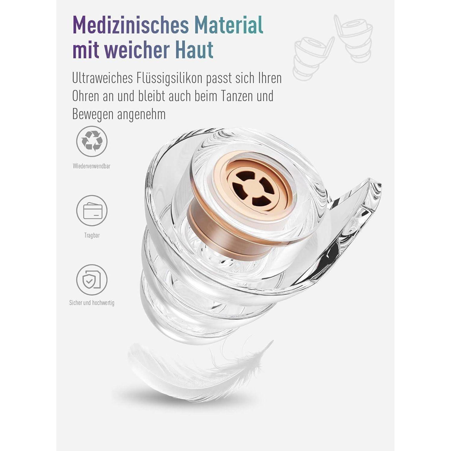 Ultraleichtes Flüssigsilikon passt sich dem Ohr an, bleibt beim Tanzen komfortabel und ist wasserfest, hautverträglich und recycelbar.
