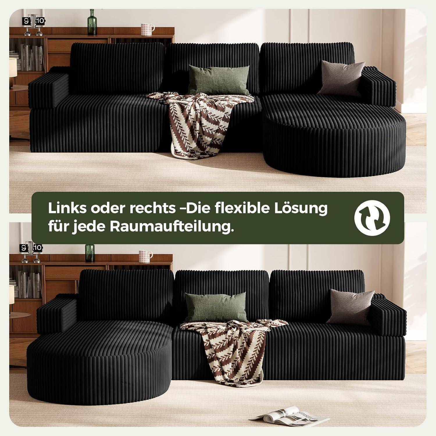 Zwei Ansichten eines modularen schwarzen gerippten Sofas mit verschiebbarem linken oder rechten Chaiselongue, gezeigt mit der Bildunterschrift „Links oder rechts - Die flexible Lösung für jede Raumaufteilung.