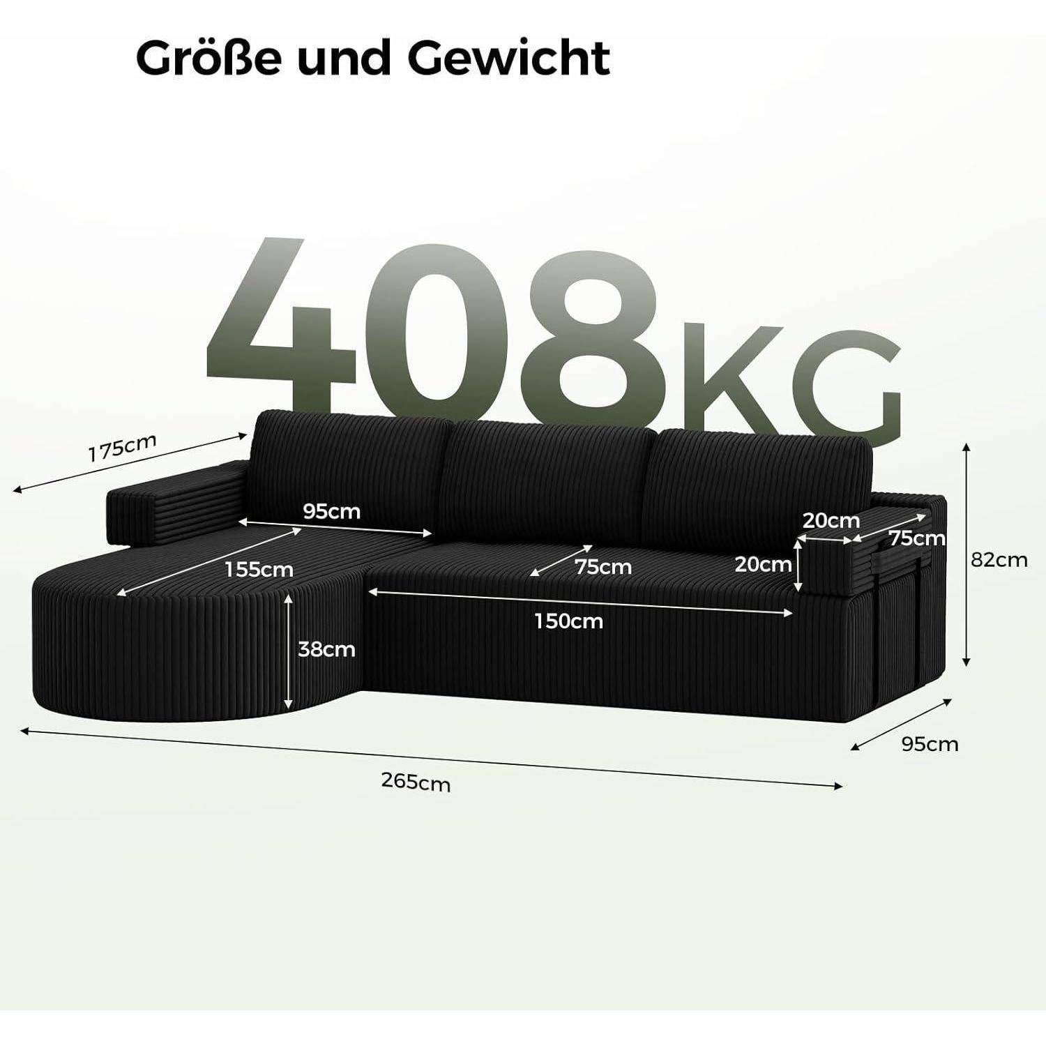 Schwarzes Ecksofa-Diagramm mit der Beschriftung „Größe und Gewicht