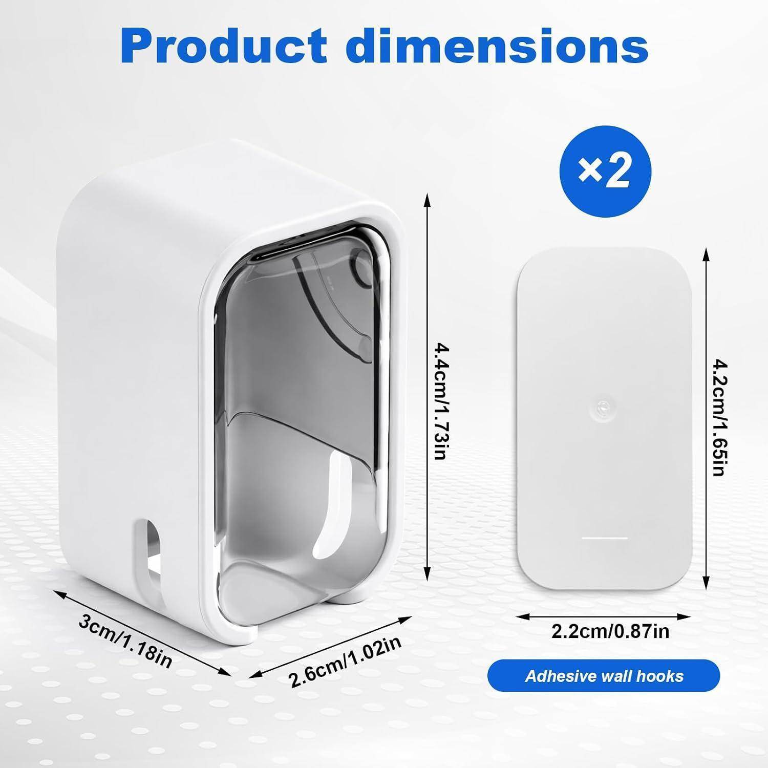 Produktabmessungen für Klebewandhaken in zwei Ansichten: Haupteinheit 4,4 cm x 2,6 cm x 3 cm, Wandplatte 4,2 cm x 2,2 cm; Menge x2 enthalten.