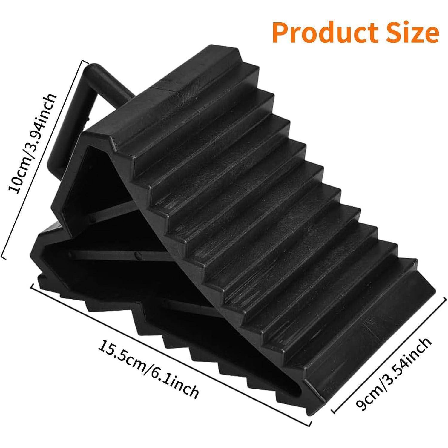 Produktgrößendiagramm eines schwarzen dreieckigen Radkeils, beschriftet 15,5cm x 9cm x 10cm, mit Abmessungen auch in Zoll angegeben.