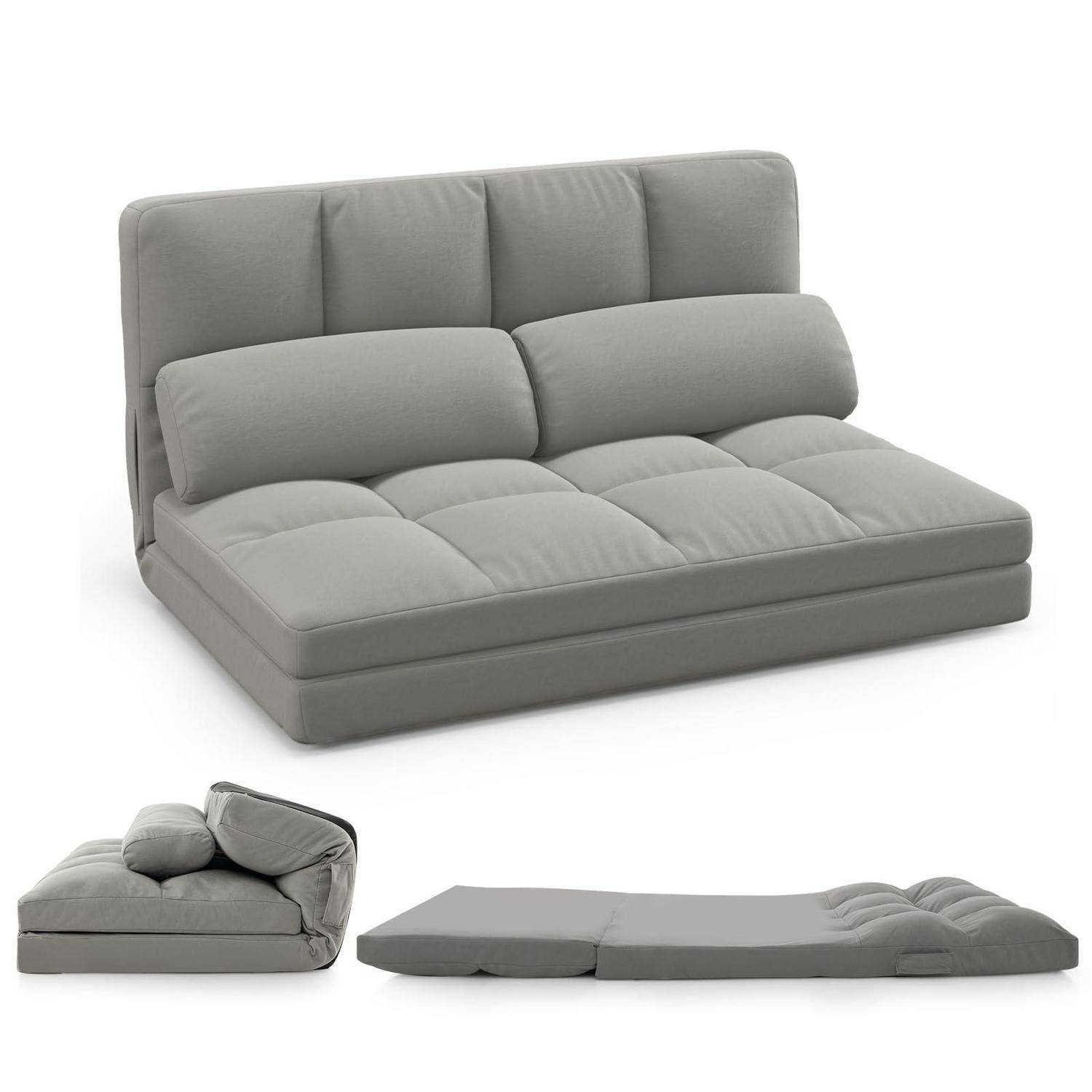 Graues Klappsofa/Schlafsofa in drei Positionen gezeigt: aufrechtes Sofa, teilweise aufgeklappte Liege und flaches Bett.