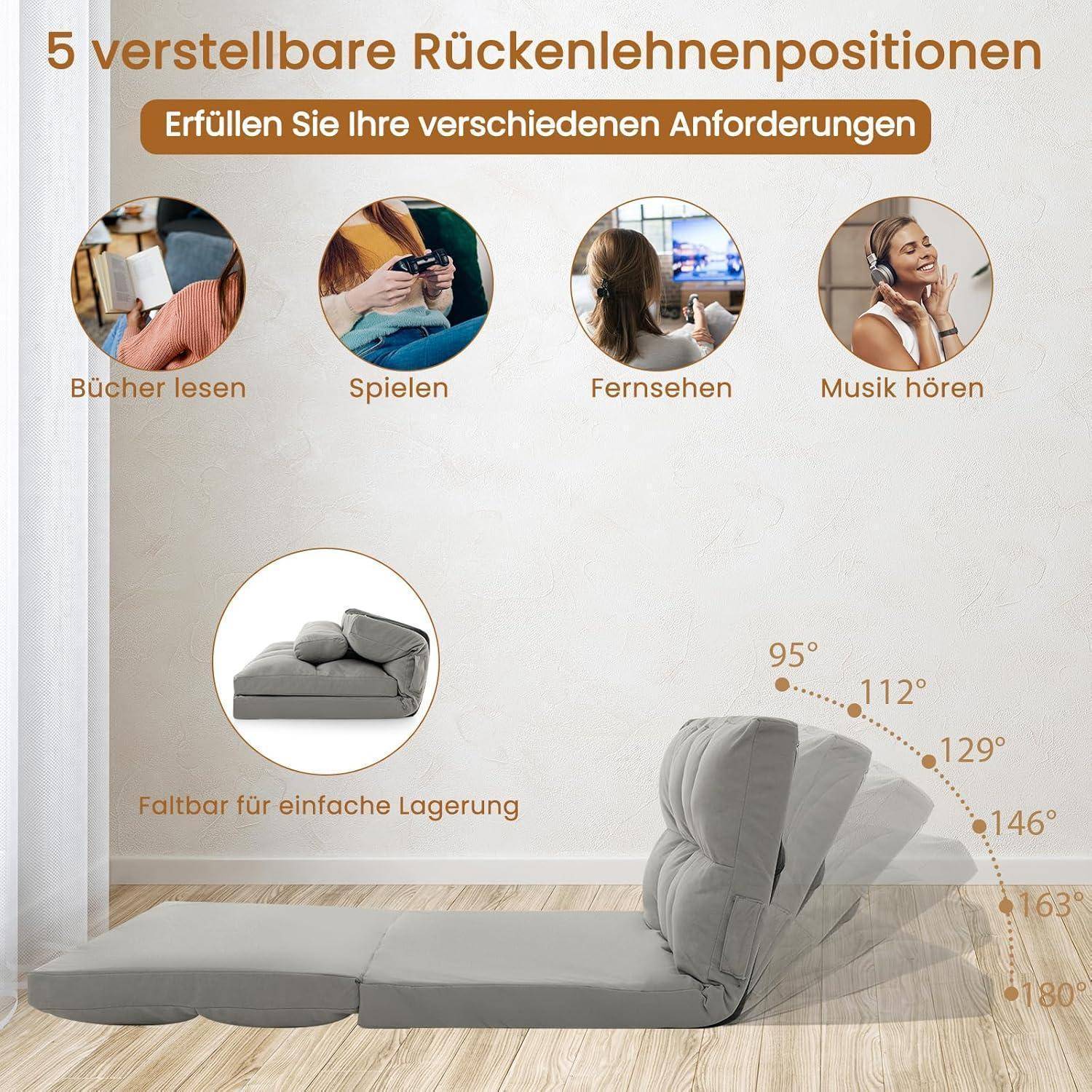 Infografik zeigt ein Klappschlafsofa mit 5 verstellbaren Rückenlehnen-Positionen zum Lesen, Spielen, Fernsehen und Musikhören, gewinkelt von 95° bis 180°.