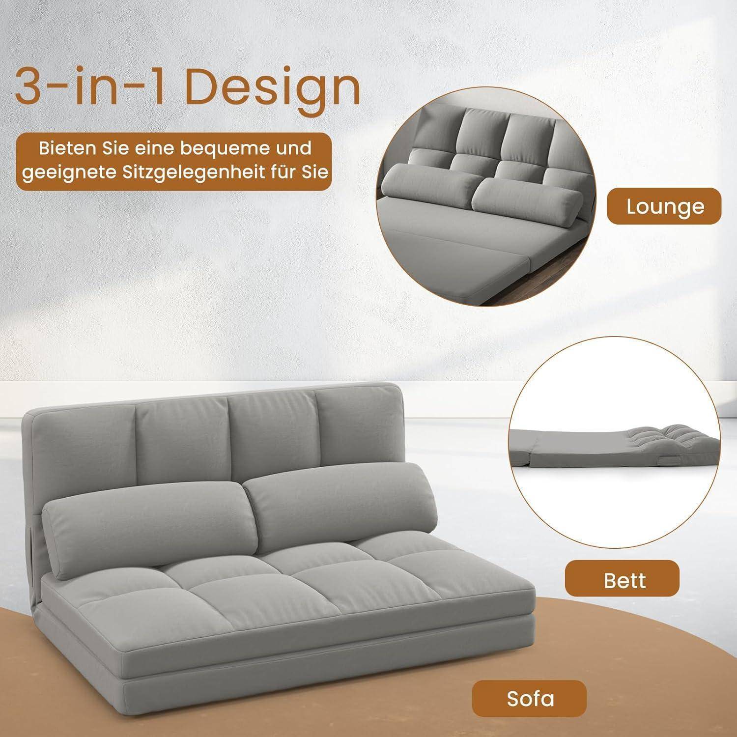 3-in-1 grau modulares Sofa, das sich in einen Loungesessel und ein Bett umwandeln lässt, mit Beschriftungen „Lounge