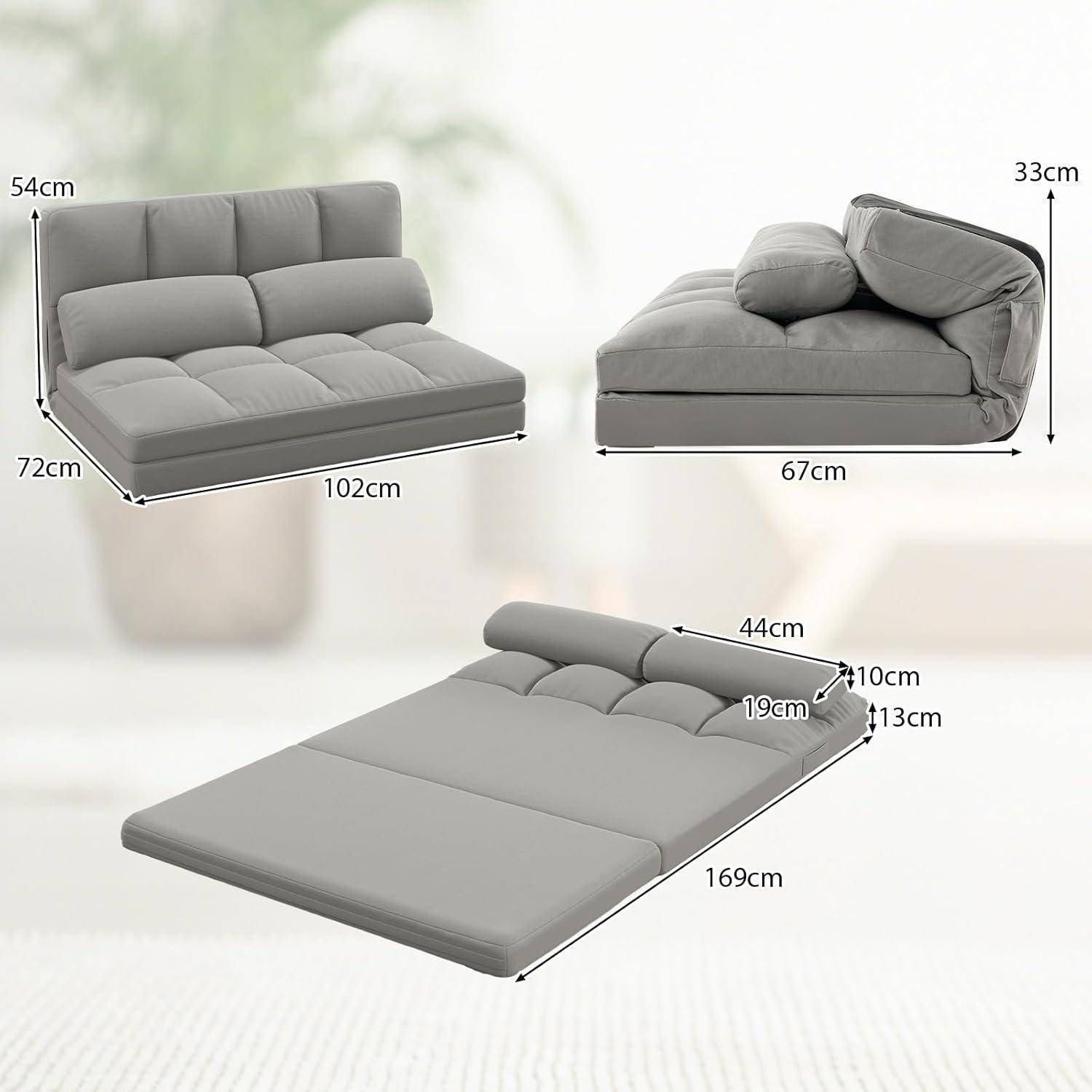 Graues Bodensofa wandelt sich zwischen Sessel und Bett um, mit den angegebenen Maßen: 102 x 72 x 54 cm, 67 x 33 cm und Bett 169 x 44 cm.