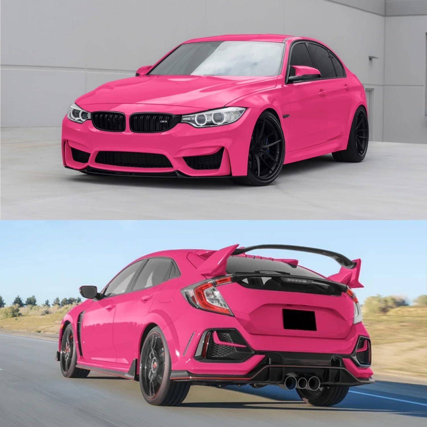 Hellrosa BMW-Limousine in Vorder- und Heckansicht gezeigt, mit Aftermarket-Bodykit und großem Heckspoiler; das untere Bild zeigt sie auf einer Straße fahrend.