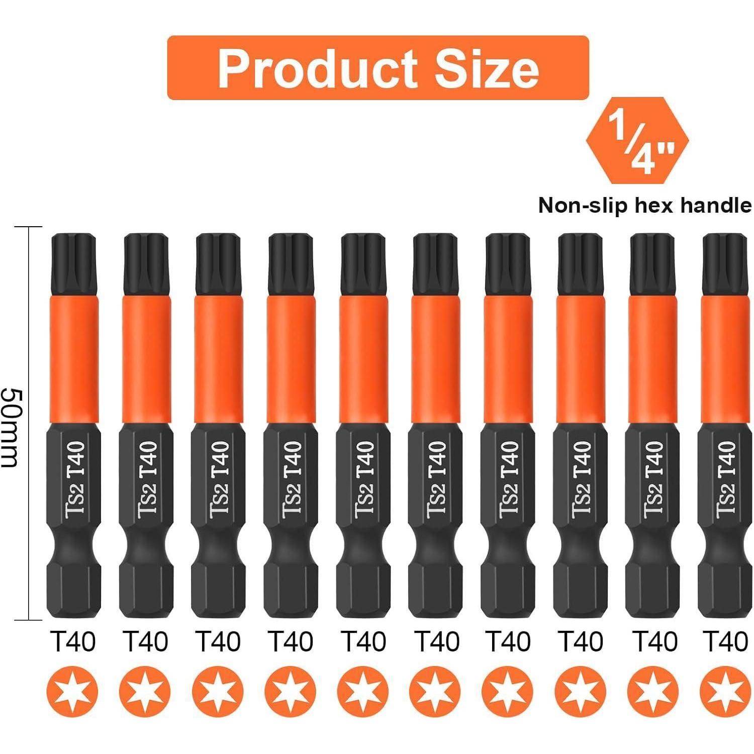 Größentabelle des Produkts mit einem 1/4-Zoll-Bits T40 mit rutschfestem Sechskantgriff, 50 mm lang.