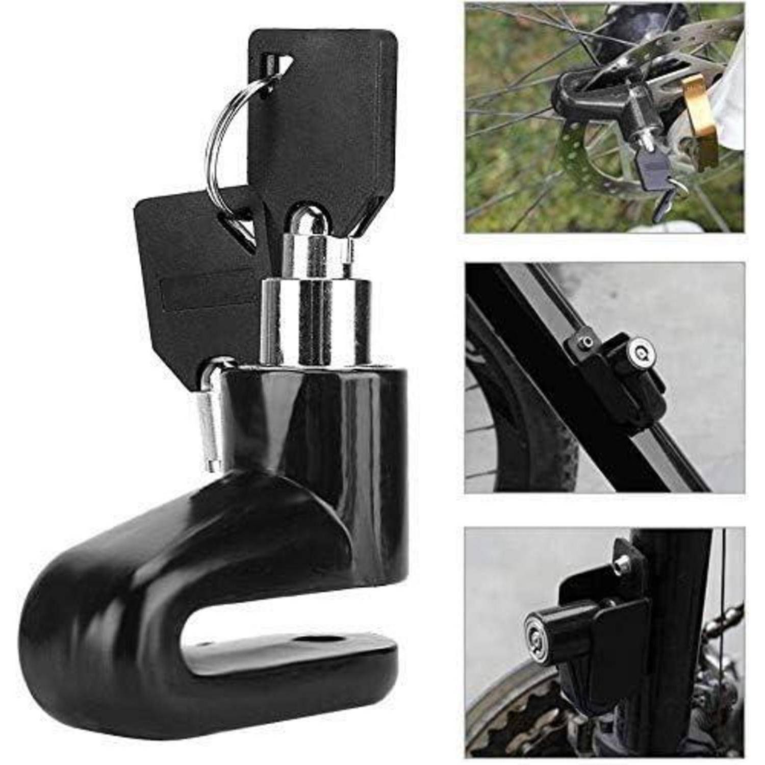 Schwarzes Metall-Fahrradschloss mit Schlüssel, dargestellt in drei Nahaufnahmen an einem Fahrrad montiert.