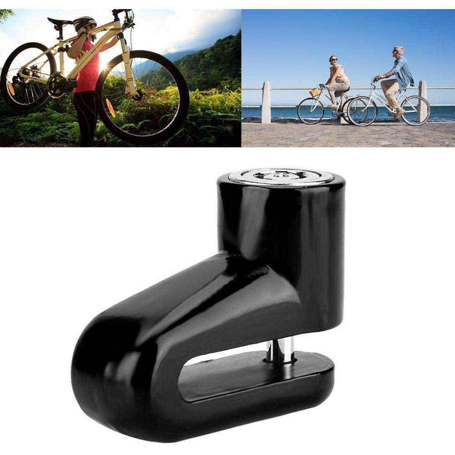 Schwarzes Fahrradschloss in Form eines kleinen U-Schlosses, abgebildet mit Fahrrädern und Radfahrern, um sicheres Fahrradparken zu suggerieren.