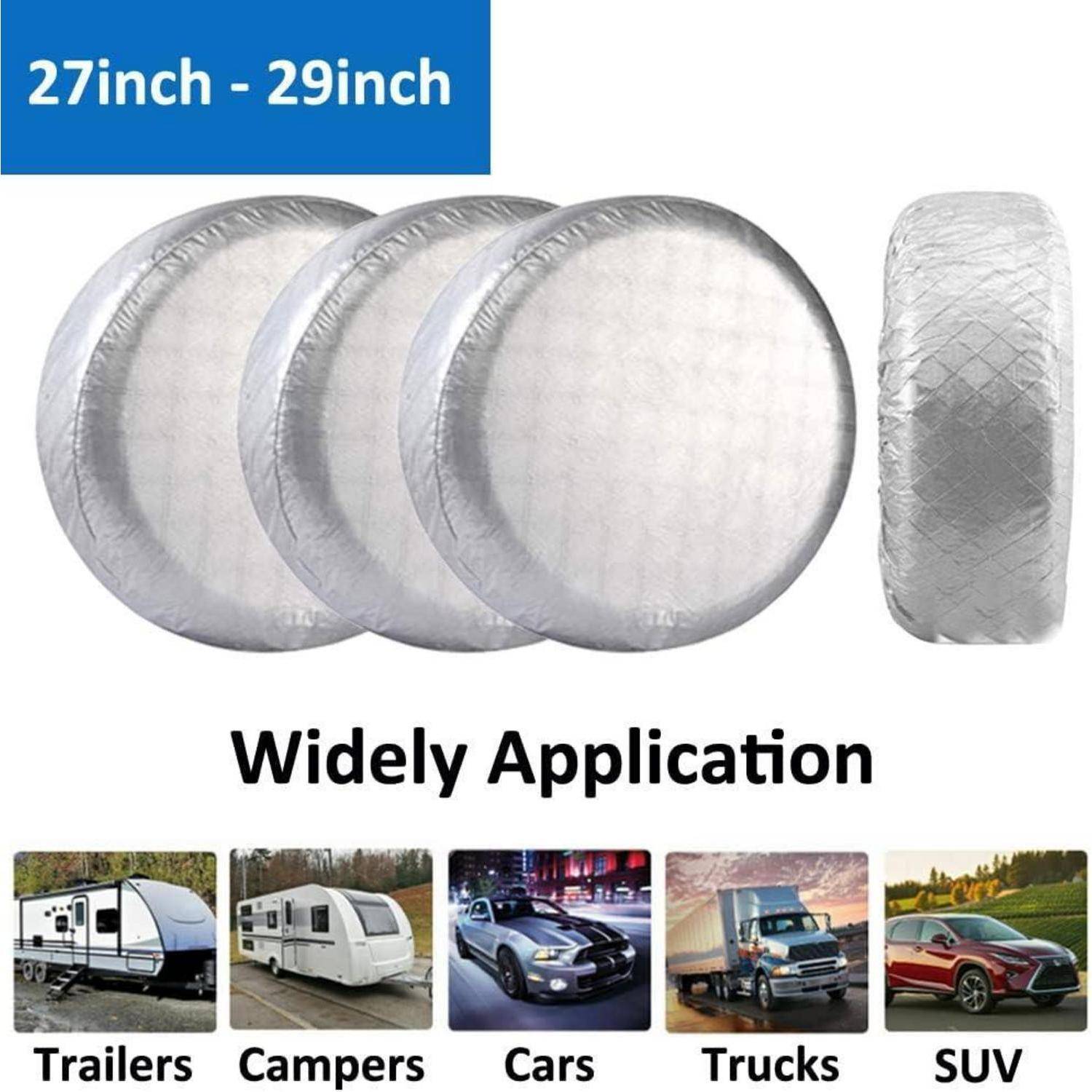 27 bis 29 Zoll silberne runde Abdeckungen, gezeigt mit Anwendungsbeispielen auf Anhängern, Wohnwagen, Autos, Lastkraftwagen und SUVs unter „Breite Anwendung"