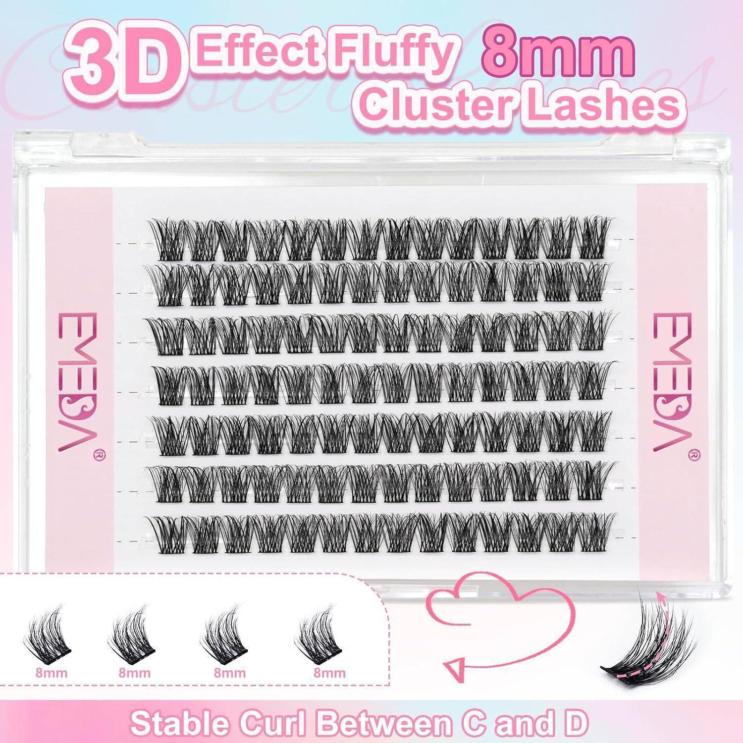 Produktpaket mit EYESA 3D-Effekt fluffigen 8mm Büschel-Wimpern in einem durchsichtigen Tablett, mit Curl-Vergleich und Text „Stable Curl Between C and D
