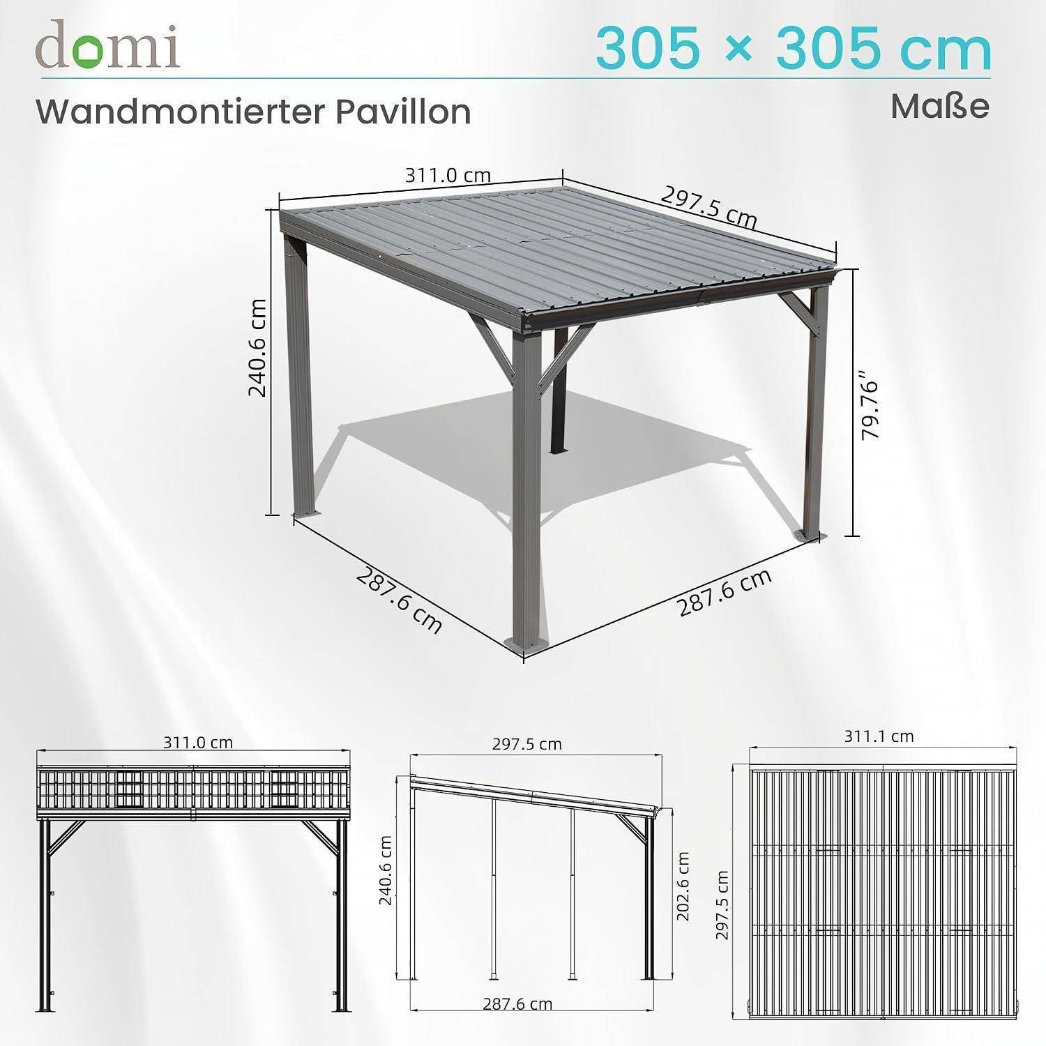 Technische Zeichnung eines 305 x 305 cm wandmontierten Pavillons mit Abmessungen und drei Ansichten der quadratischen Dachkonstruktion.