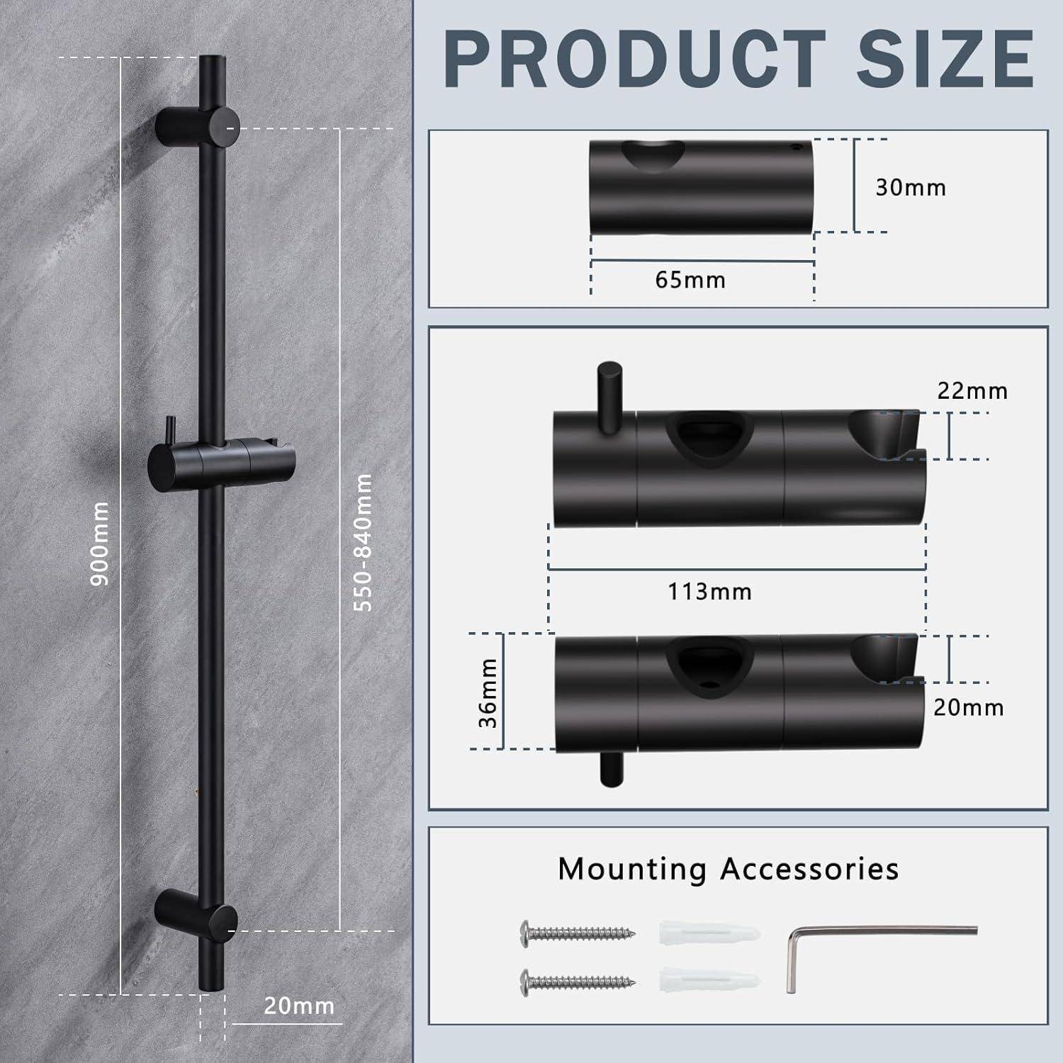 Produktgrößendiagramm für eine schwarze Duschschieber-Stange: 900 mm hoch, 20 mm breit, verstellbarer Halterungsbereich 550–840 mm; enthält Montageschrauben, Dübel und Sechskantschlüssel.