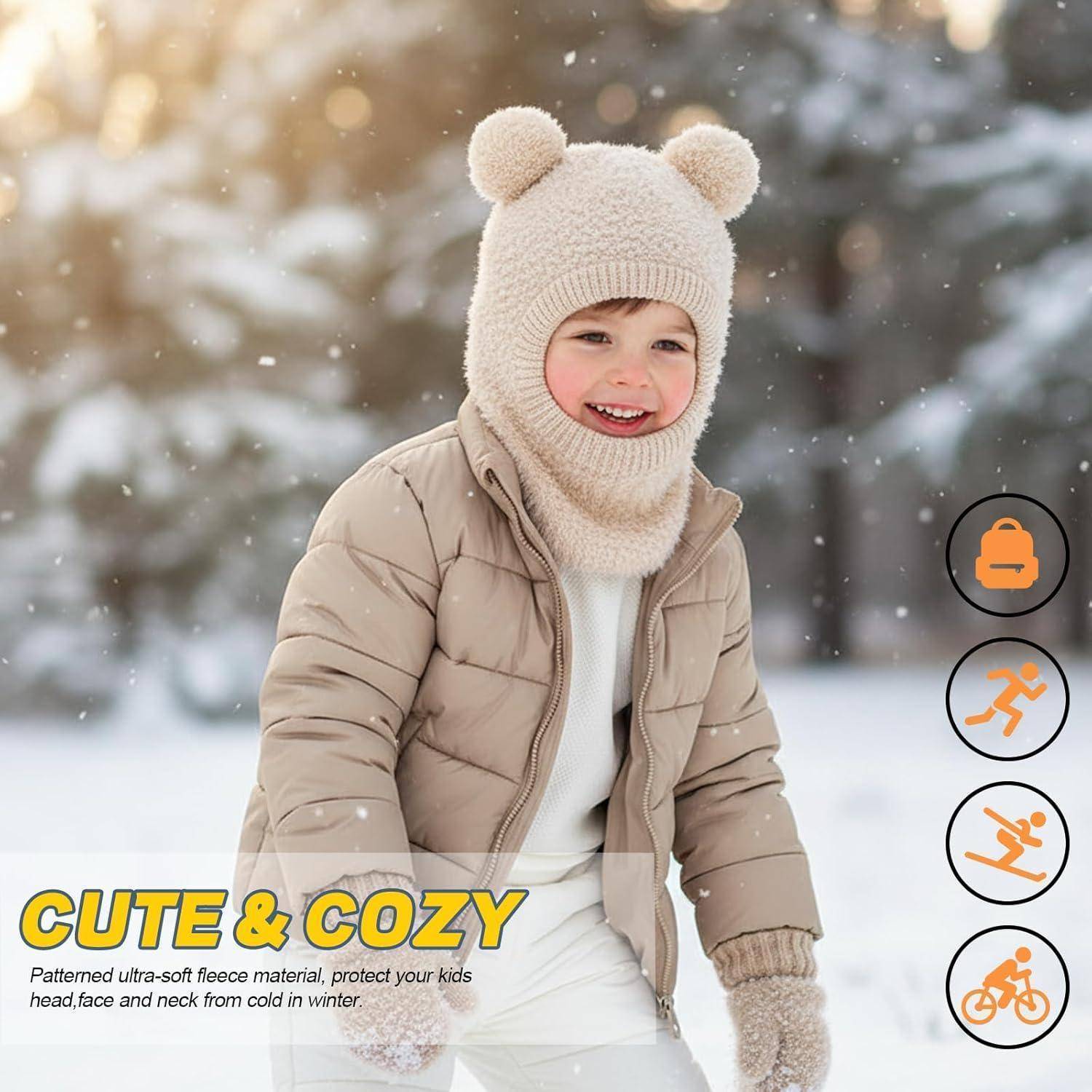 Lachendes Kind in Winterkleidung draußen im Schnee, mit Text, der gemusterte Fleece-Stoffe der Marke „CUTE & COZY" bewirbt, um Kinder vor Kälte zu schützen.
