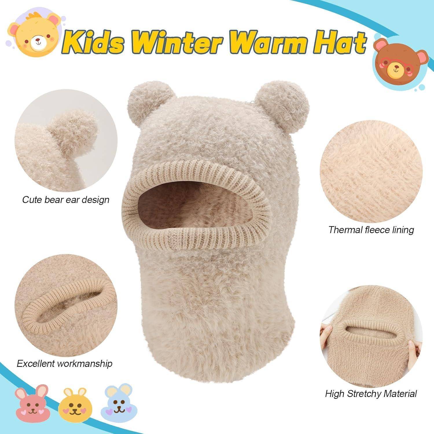 Produktbild einer beigen Kinderwinter-Wärmmütze mit Bärenohren und Gesichtsöffnung, die das thermische Fleece-Futter, das dehnbare Material und das niedliche Design hervorhebt.