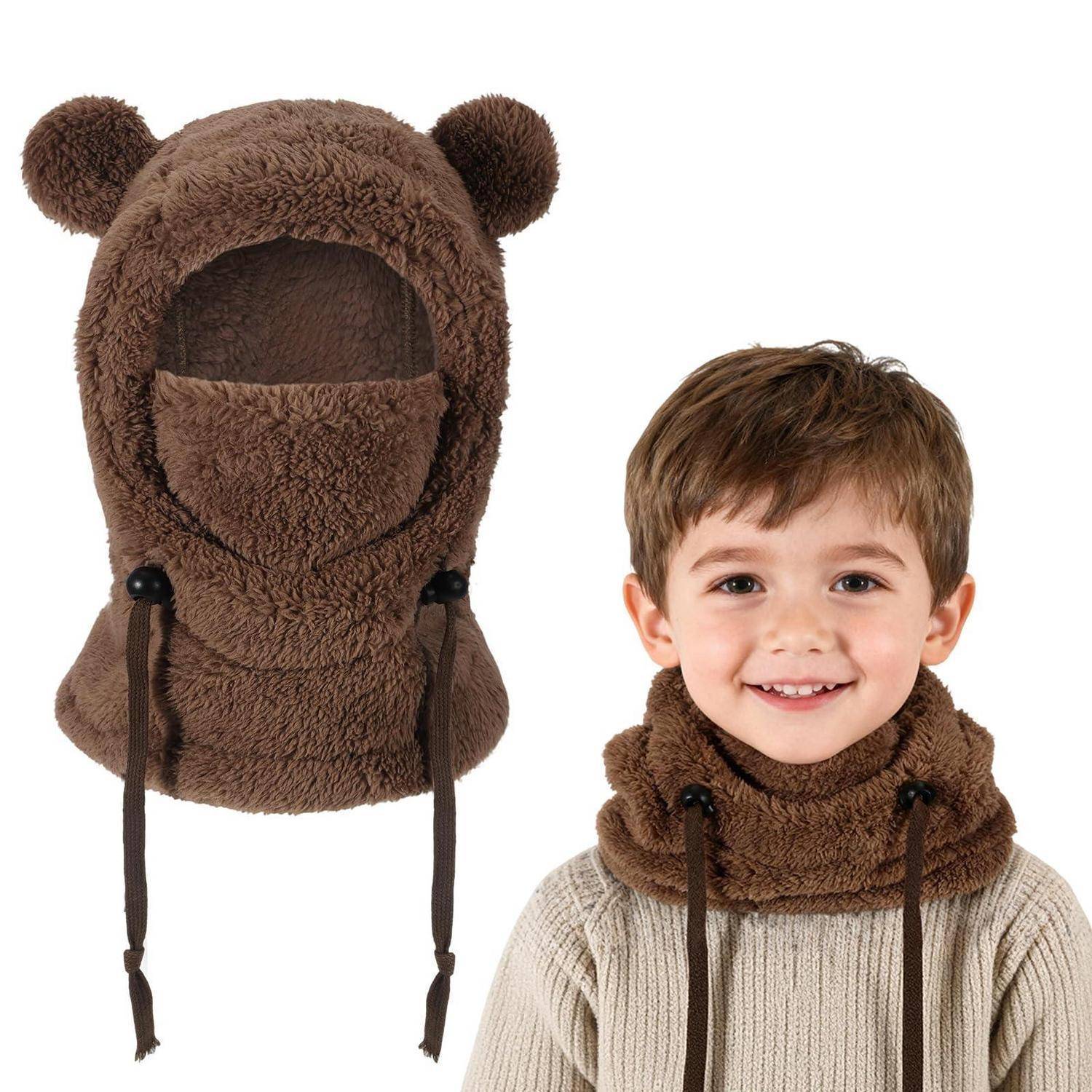 Braune Teddybär-Kapuzenschal, an einem Kind gezeigt, mit Bärenohren und langen Bändern; die Einfügung zeigt die geöffnete Kapuze.