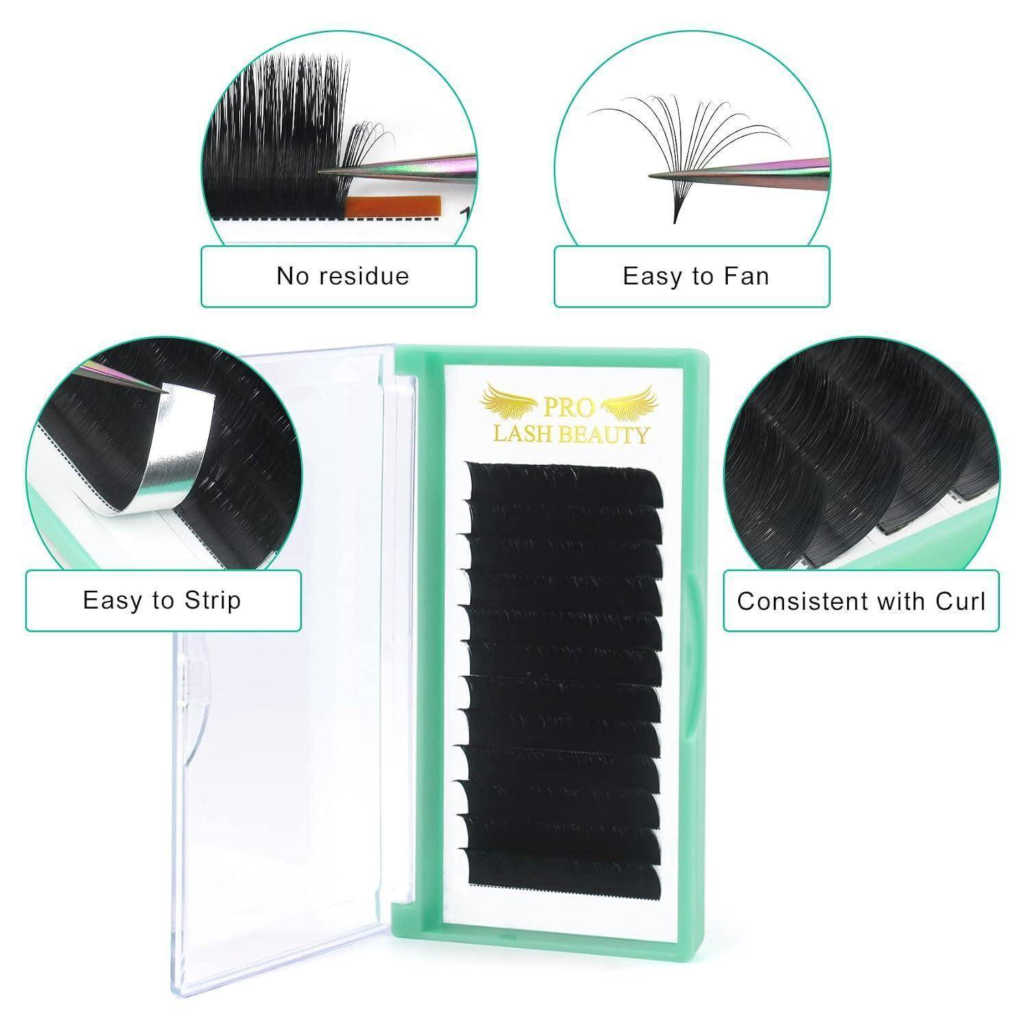Produktbild von PRO LASH BEAUTY Wimpernverlängerungs-Strips in einem Behälter, mit Hinweisen auf keine Rückstände, leicht zu fächern, leicht zu entfernen und gleichmäßige Wölbung.