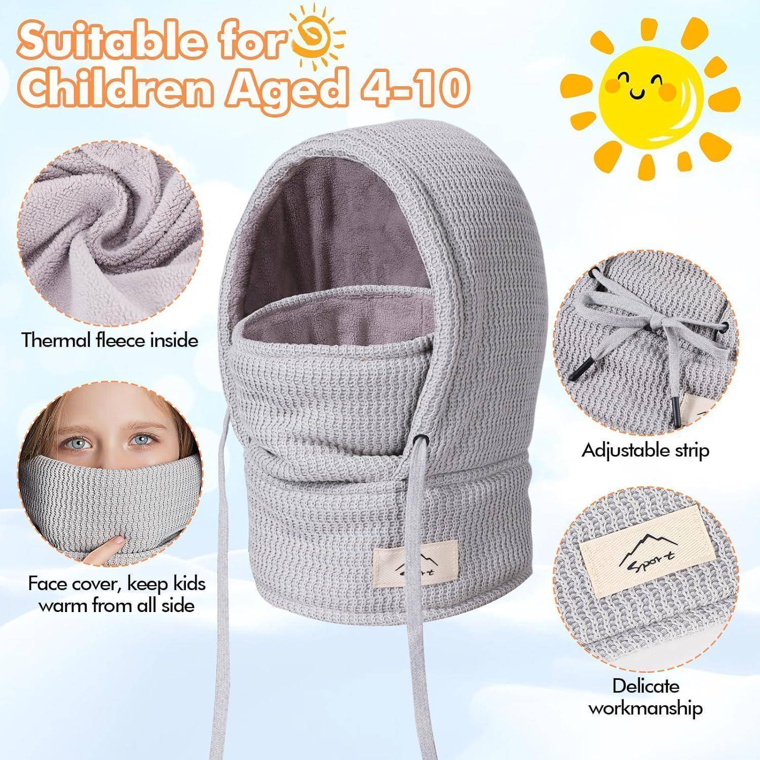 Produktbild einer grauen Wärmemütze/Sturmhaube für Kinder aus Fleece, gekennzeichnet mit „Geeignet für Kinder im Alter von 4-10 Jahren", mit Hervorhebung der Fleecefütterung, Gesichtsbedeckung, verstellbarem Riemen und feiner Strickverzierung.