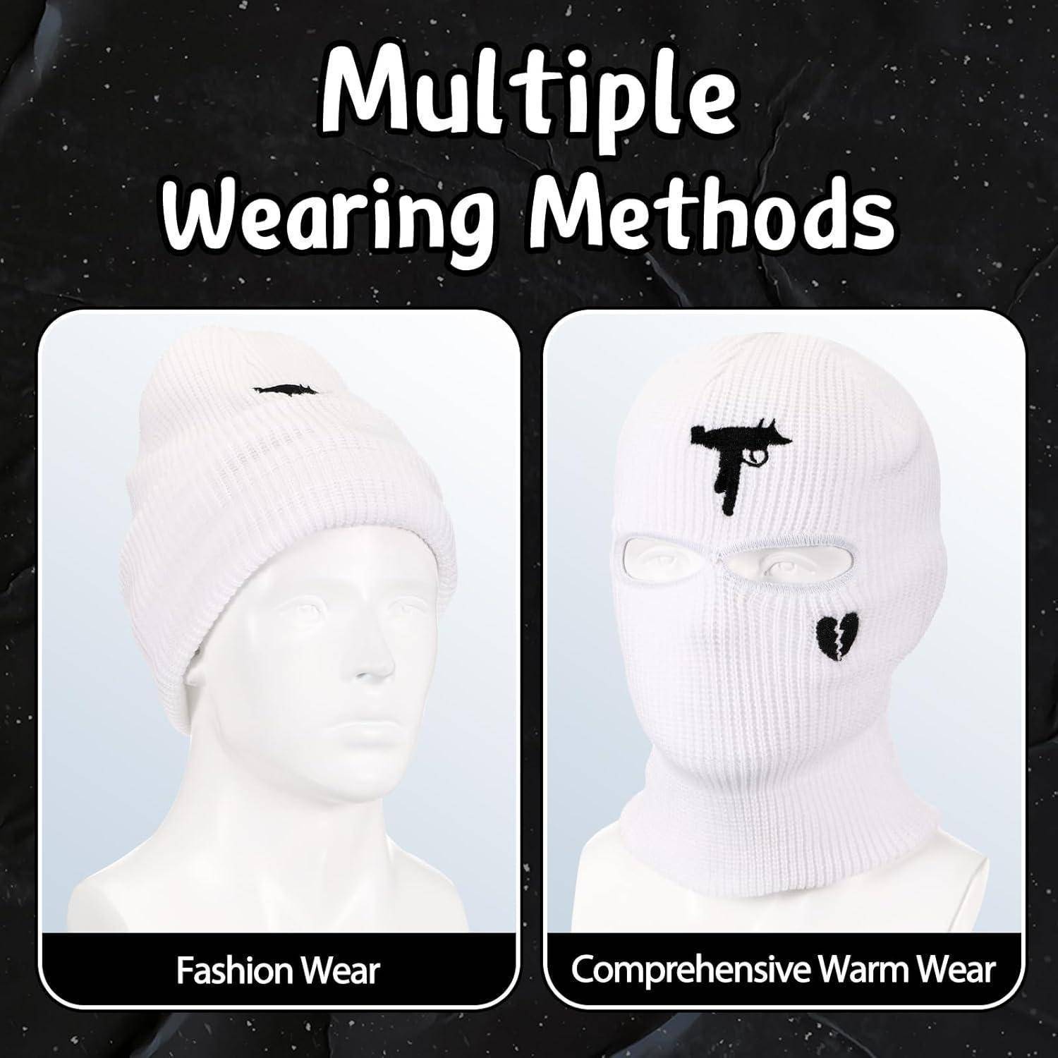 Werbeabbildung, die eine weiße gerippte Strickbalaklava in zwei Trageweisen zeigt: „Fashion Wear" und „Comprehensive Warm Wear"".
