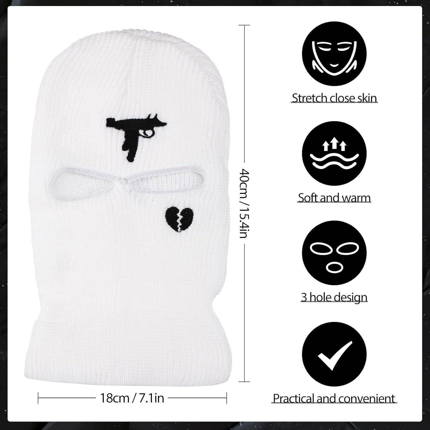 Weiße gestrickte Skimaske mit Augen- und Mundöffnungen, Pistolen- und gebrochenem Herz-Patches, gekennzeichnet mit 40 cm Höhe und 18 cm Breite, mit folgenden Eigenschaften: dehnbar, eng anliegend, weich und warm, 3-Loch-Design, praktisch und bequem.