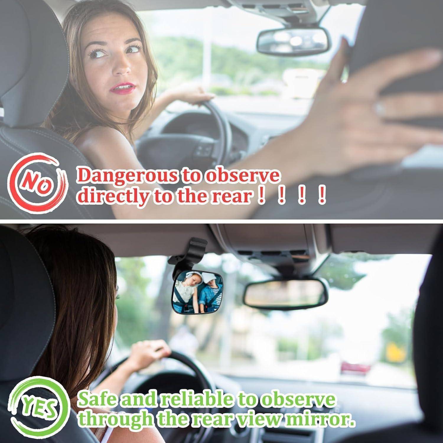 Gespaltenes Bild mit einem Fahrer, der über die Schulter zurückblickt, mit der Beschriftung „Nein: Gefährlich, direkt nach hinten zu beobachten!