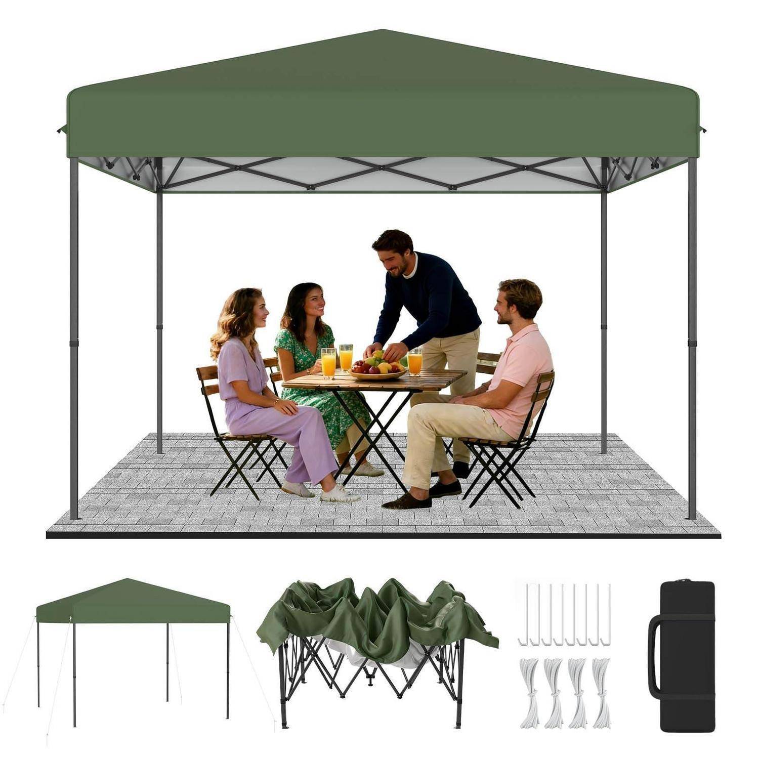 Grünes Pop-up-Baldachindach in zusammengebauter und zusammengefalteter Form dargestellt, mit vier Personen, die an einem Tisch darunter sitzen, und Tragetasche inbegriffen.