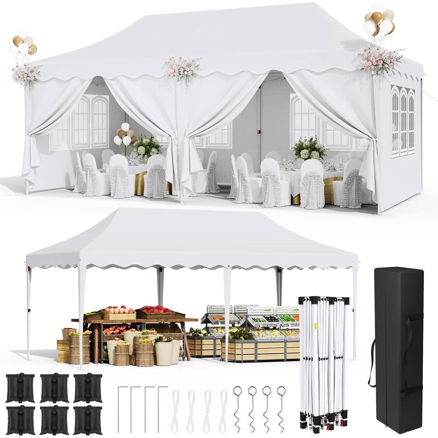 Weiße Hochzeits-Festzelt mit drapiertem Stoff, Blumendekorationen, Tischen und Stühlen; darunter sind Zeltaufbaukomponenten und ein Aufbewahrungskoffer dargestellt.