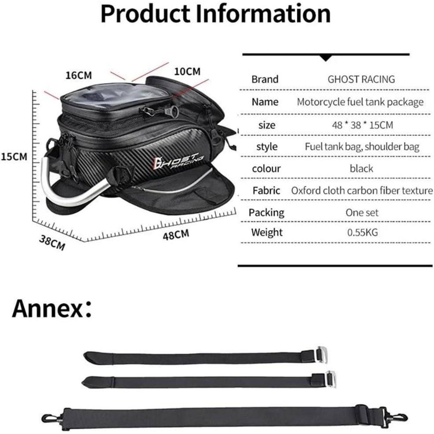 Produktinformationen für eine schwarze Motorrad-Kraftstofftankttasche: 48 x 38 x 15 cm, 0,55 kg, mit Schultergurt und Befestigungsgurten im Lieferumfang enthalten.
