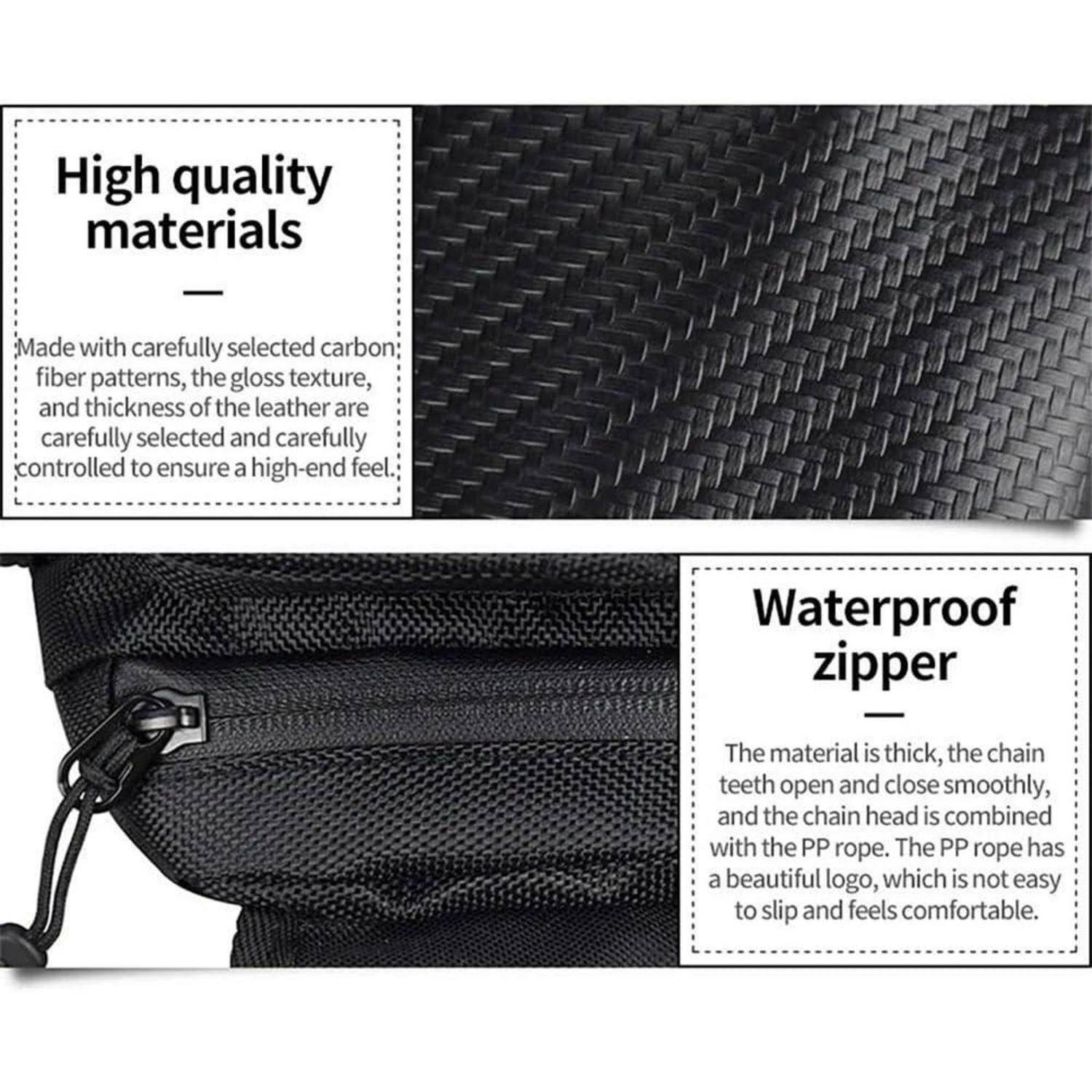 Produktwerbung mit texturiertem, kohlefaserartigen Material und einer Nahaufnahme eines wasserdichten Reißverschlusses mit Text, der hochwertige Materialien und ein langlebiges, sanft öffnendes Design hervorhebt.