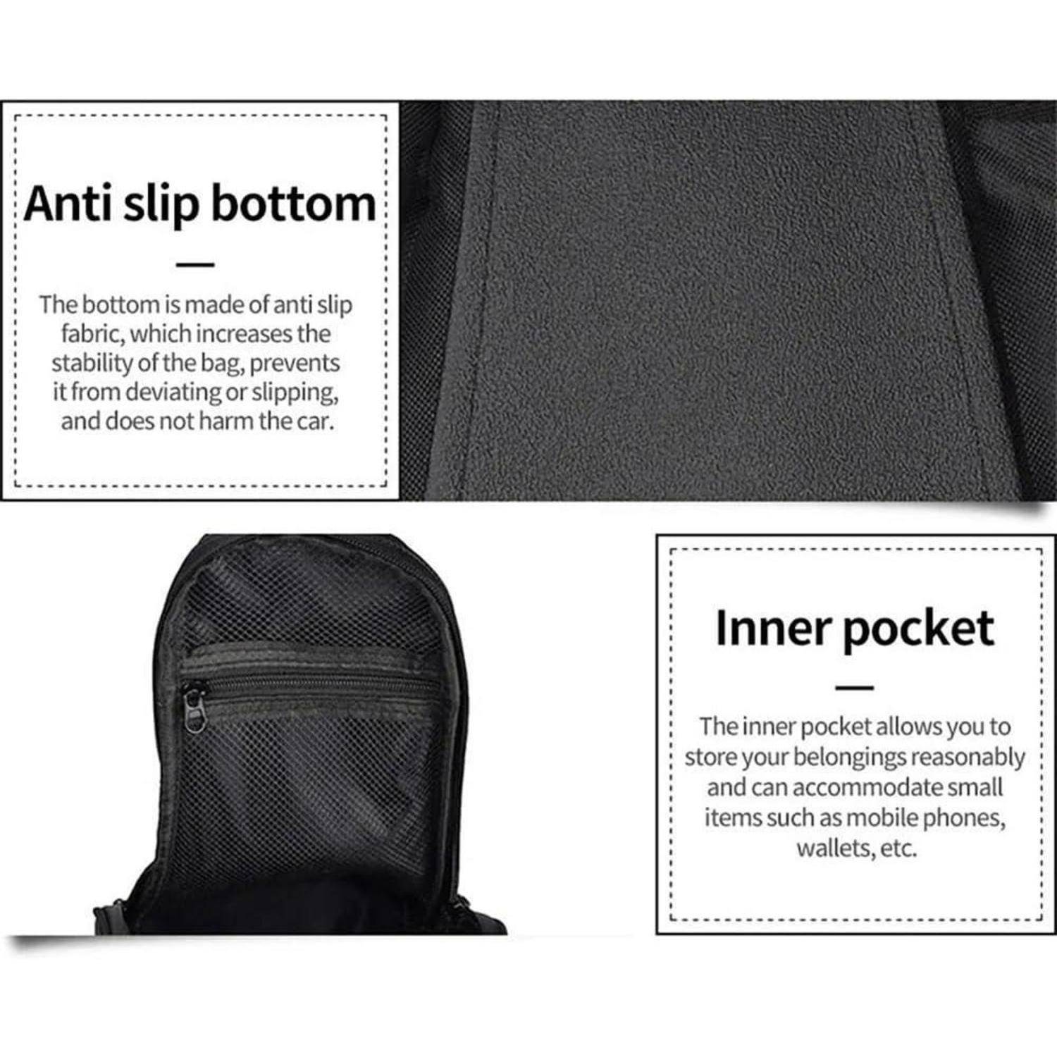 Rucksack-Feature-Grafik, die einen rutschfesten Boden für Stabilität und eine innere Tasche zum Verstauen kleiner Gegenstände wie Telefone und Geldbörsen zeigt.