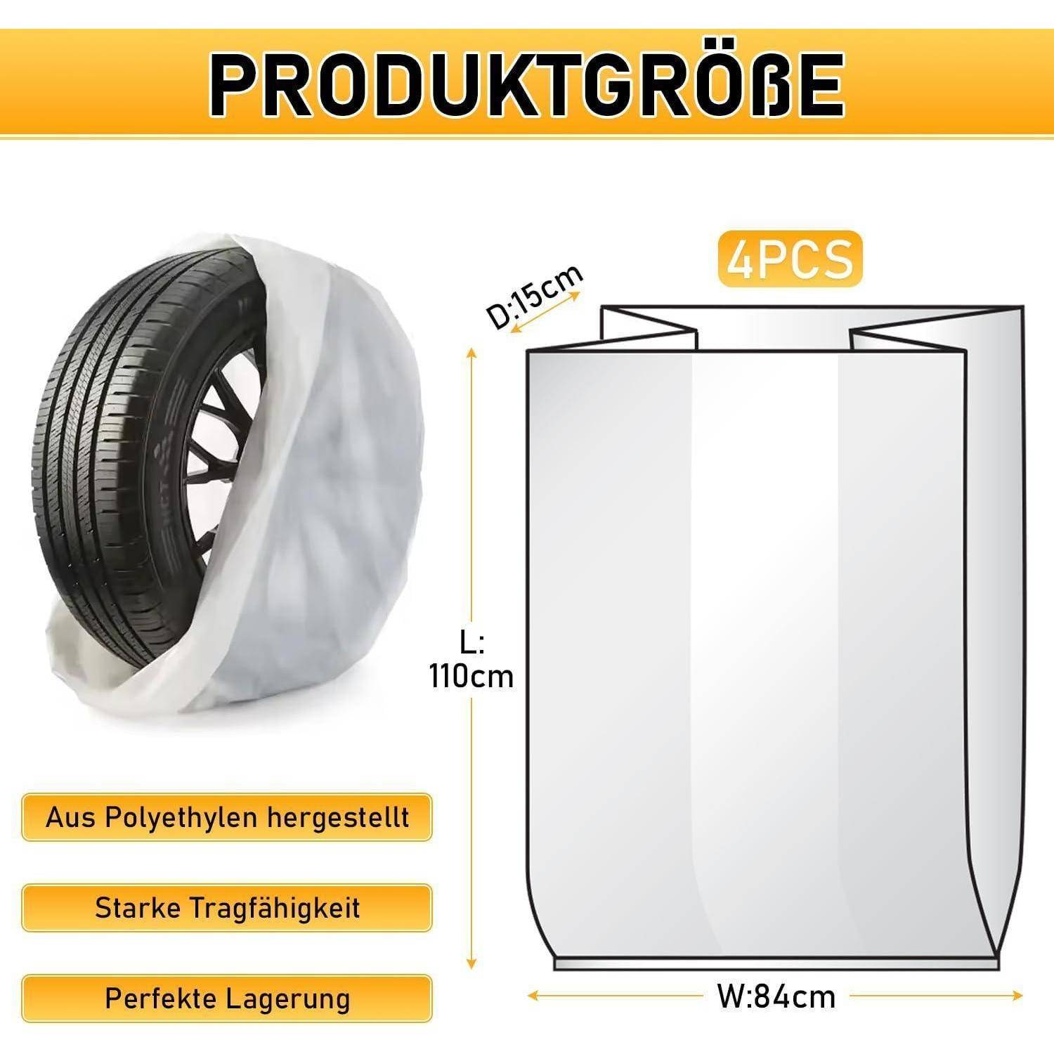 Produktgrößendiagramm für eine 4er-Polyethylen-Reifenlagerungstasche: D 15 cm, L 110 cm, B 84 cm, mit deutschem Text zur Vermerkunung der starken Tragfähigkeit und perfekten Lagerung.