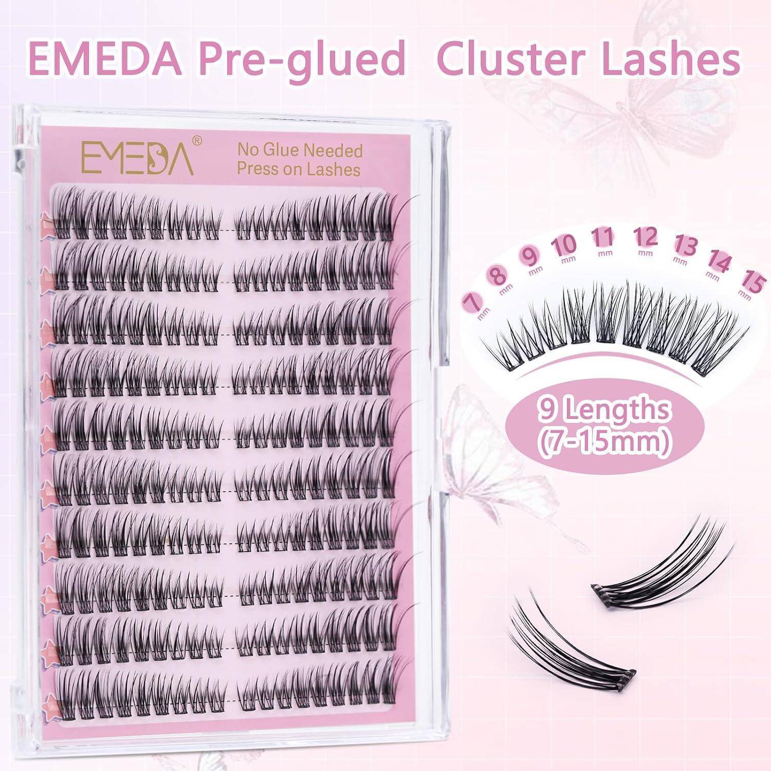 Rosa Packung mit EMEDA vorgeleimten Wimpernbüscheln mit mehreren Wimpernstreifen; die Vergrößerung zeigt 9 Längen von 7 bis 15 mm und „No Glue Needed Press on Lashes
