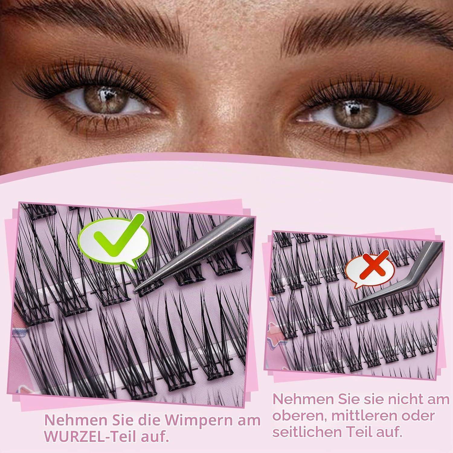 Illustration zeigt die Anwendung von Wimpernverlängerungen: Wimpern von der Basis entnehmen, nicht von den oberen, mittleren oder seitlichen Teilen, mit Nahaufnahme der Augen oben.