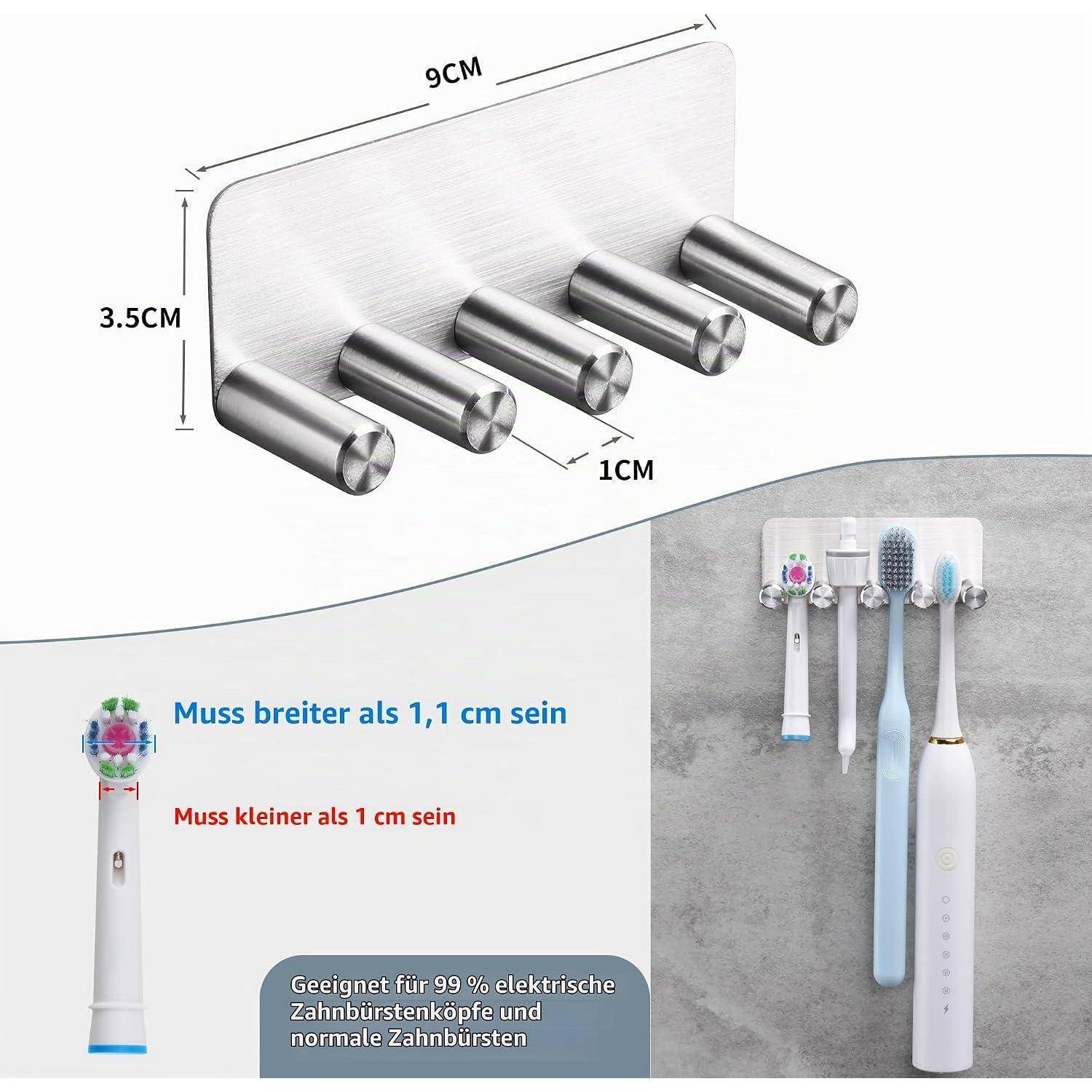 Wandmontierter Zahnbürstenhalter mit fünf Edelstahlschlitzen, 9 cm breit und 3,5 cm hoch; Hinweis besagt, dass Zahnburstköpfe über 1,1 cm und unter 1 cm sein müssen.