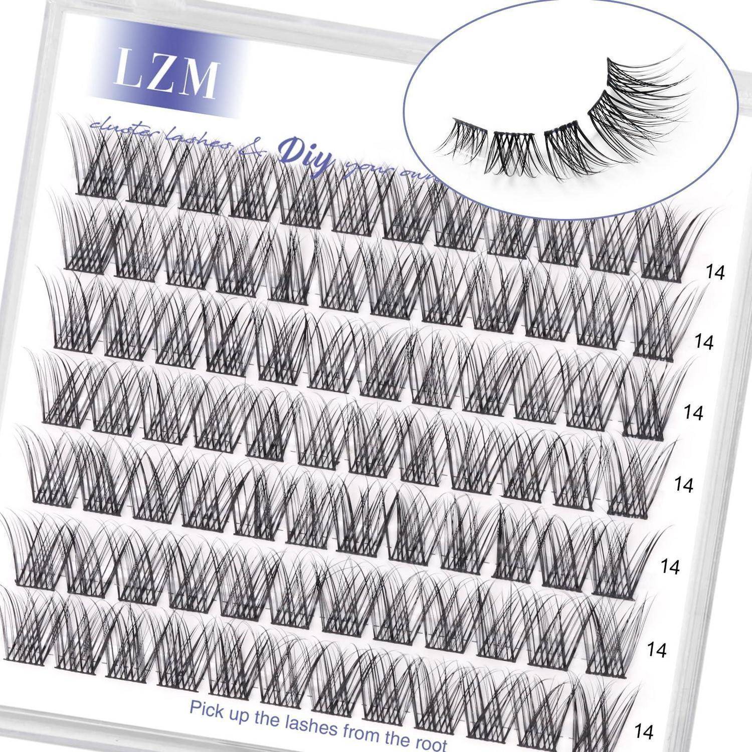 LZM DIY Kunst-Wimpern-Tablett mit mehreren Reihen schwarzer fedriger Wimpern, mit einer Nahaufnahme des Wimpernstils und der Markierung „14