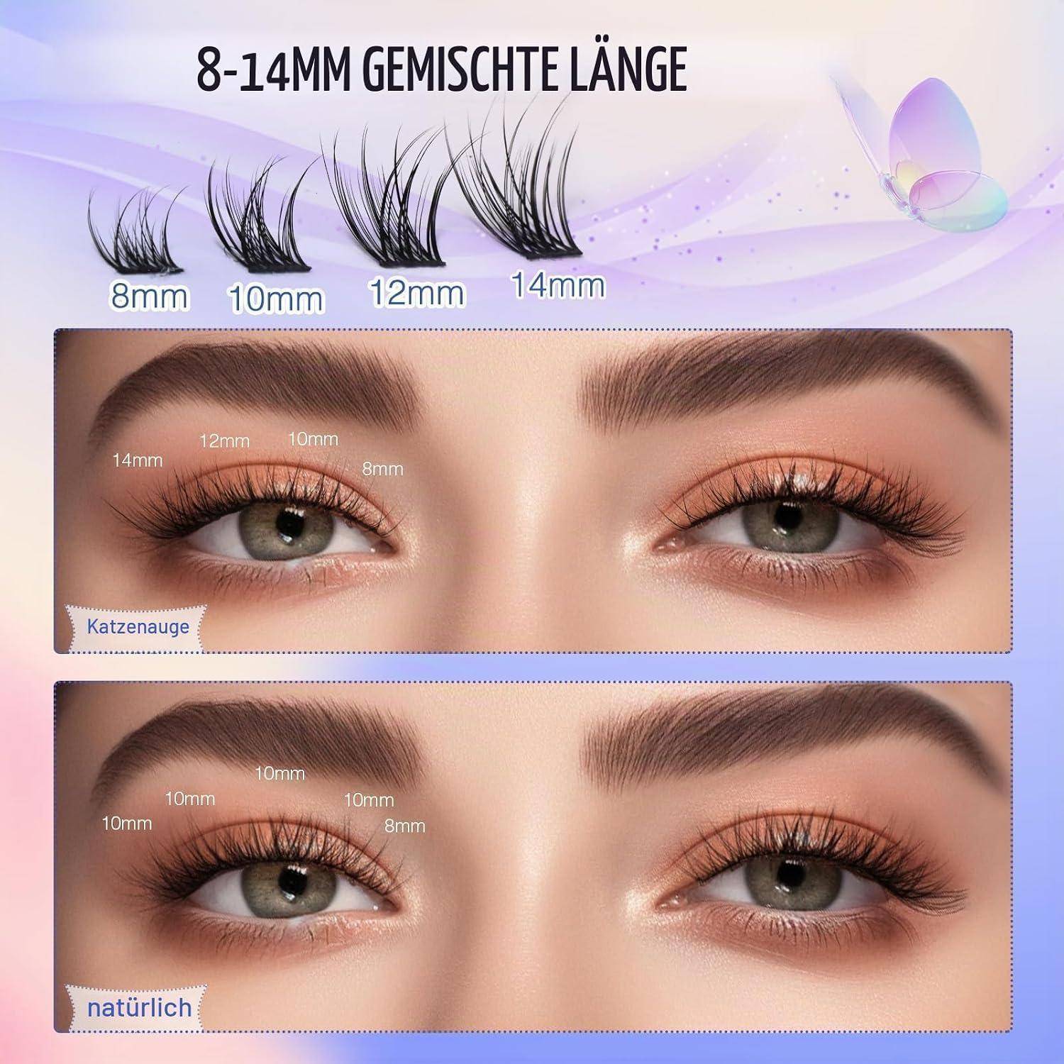 Vergleichstabelle der Wimpernverlängerungslängen 8 mm, 10 mm, 12 mm und 14 mm, die einen Cat-Eye-Look im Vergleich zu einem natürlichen Augenlook auf zwei Augen zeigen.