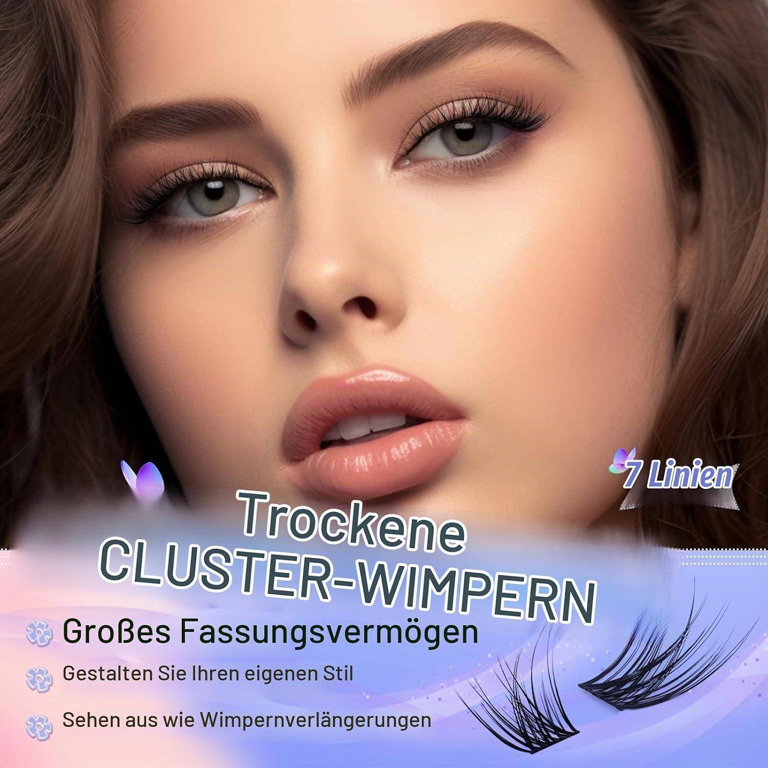 Nahaufnahme eines Frauengesichts mit langen Wimpern, überlagert mit deutschem Anzeigentext: 