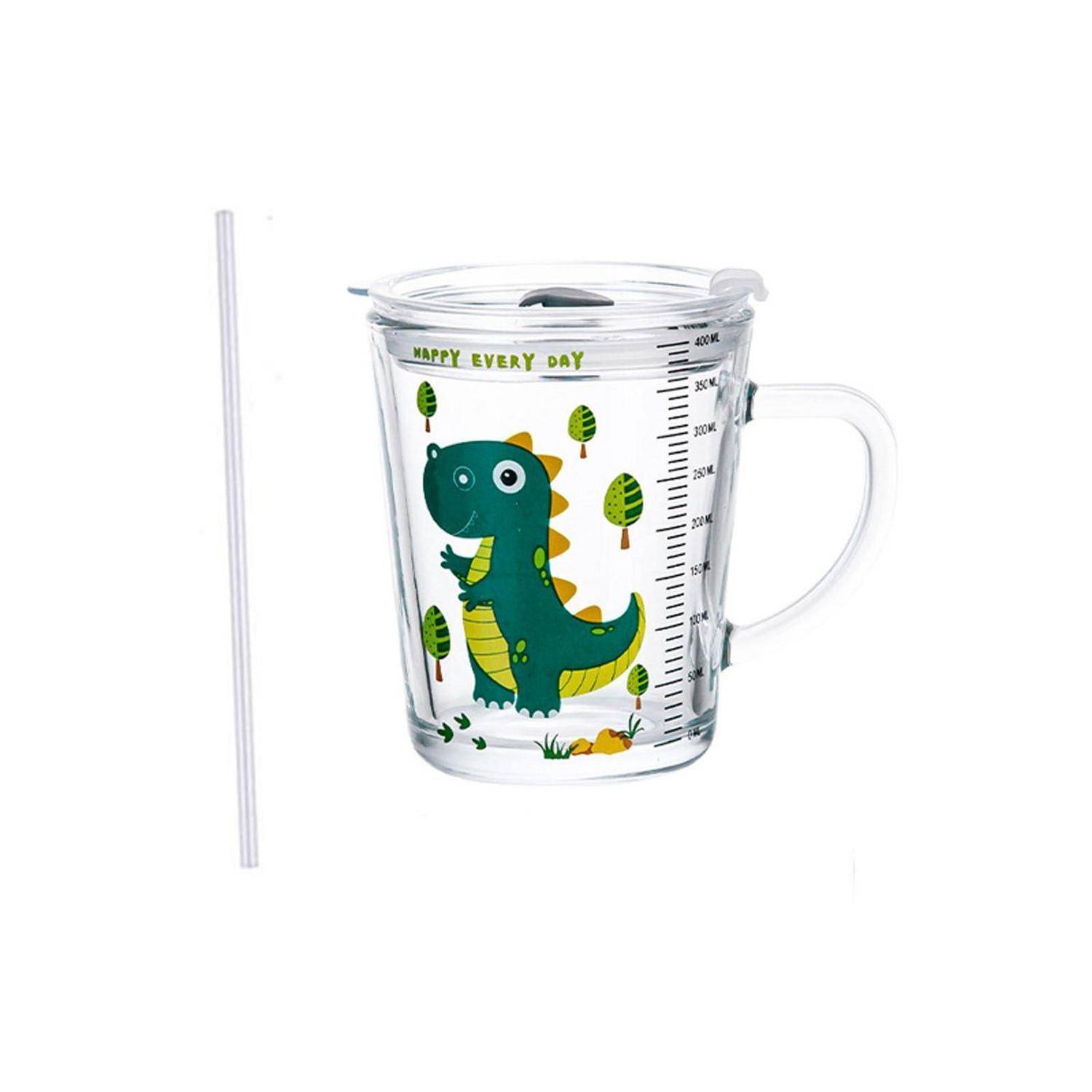 Transparente Messbecherbecher mit Griff, Deckel und Strohhalm, verziert mit einem Cartoon-Dinosaurier und dem Text „HAPPY EVERY DAY