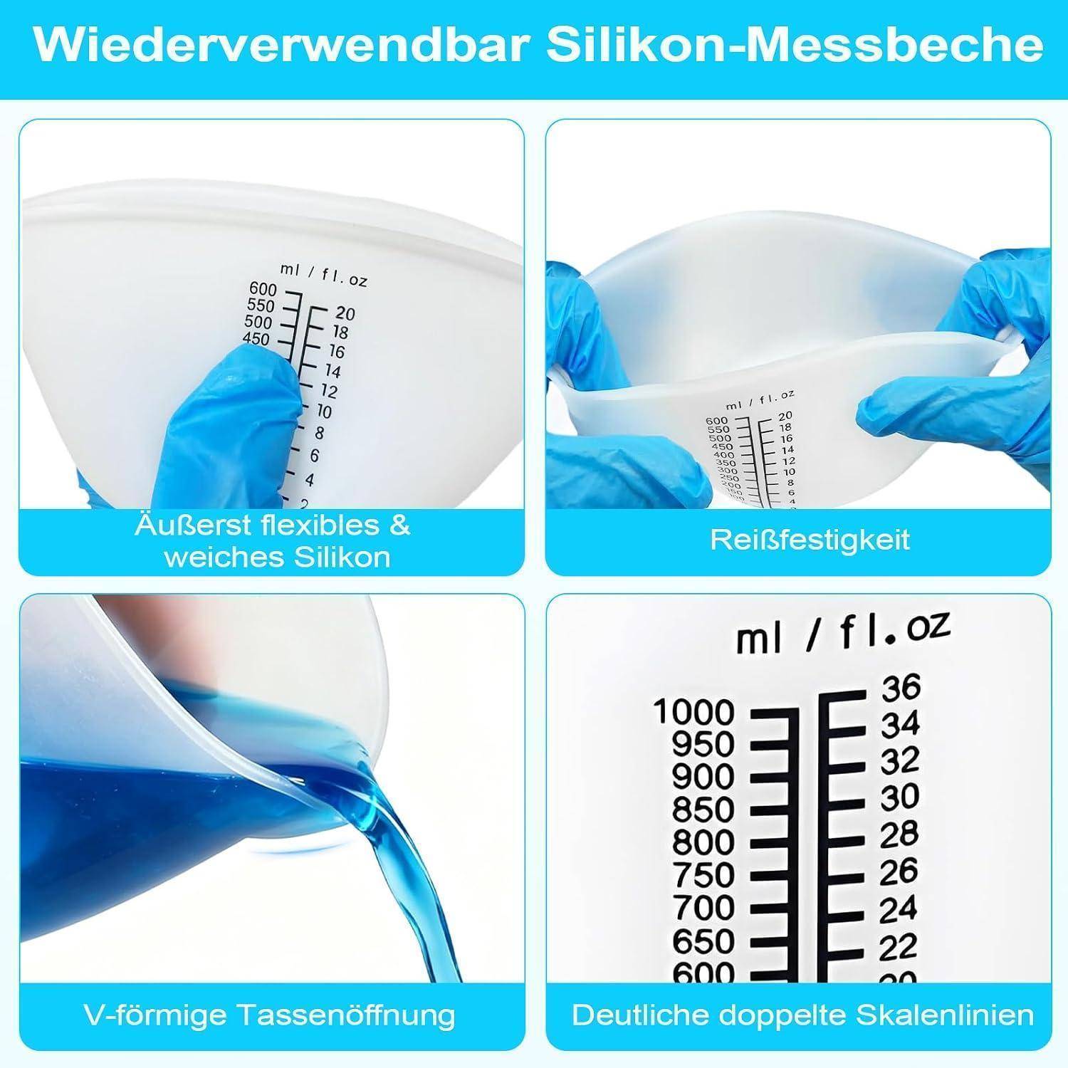 Infografik mit einem wiederverwendbaren Silikonmessbecher mit vier Merkmalen: sehr flexibles weiches Silikon, Reißfestigkeit, V-förmiger Ausgießer und deutliche doppelte Skalierungslinien in ml und fl oz.
