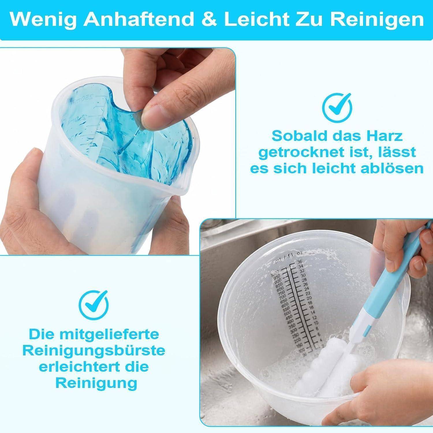 Werbekollage, die eine wiederverwendbare Kunststoffform/einen Kunststoffbecher beim Reinigen zeigt; der Text besagt, dass sie leicht zu entfernen ist, wenn das Harz aushärtet, und dass die mitgelieferte Reinigungsbürste die Reinigung erleichtert.