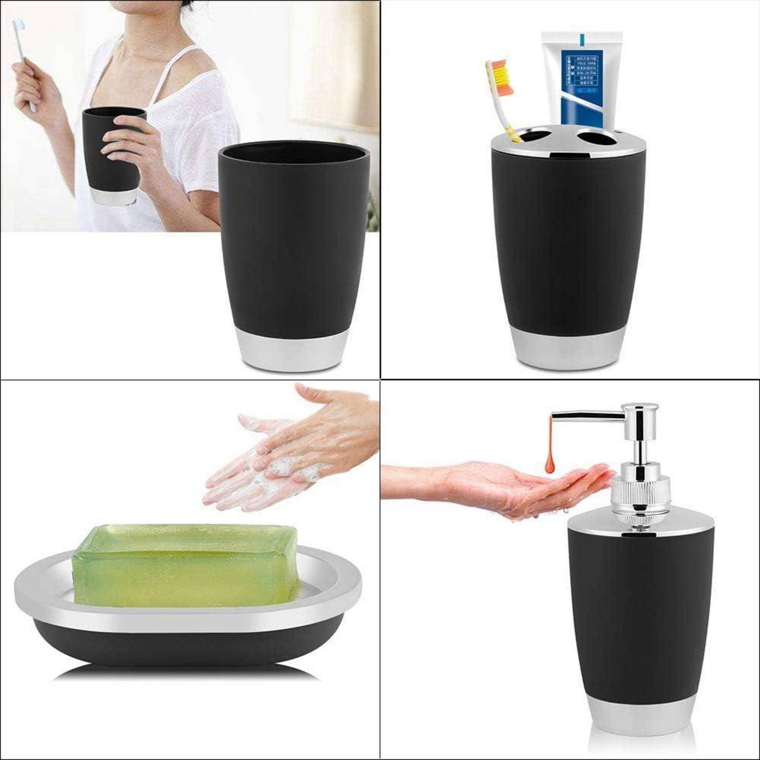 Collage eines schwarzen Badezimmer-Seifenspenders und passender Accessoires, die eine Tasse, einen Zahnbürstenhalter, eine Seifenschale und eine Flüssigseifenpumpe in Gebrauch zeigen.