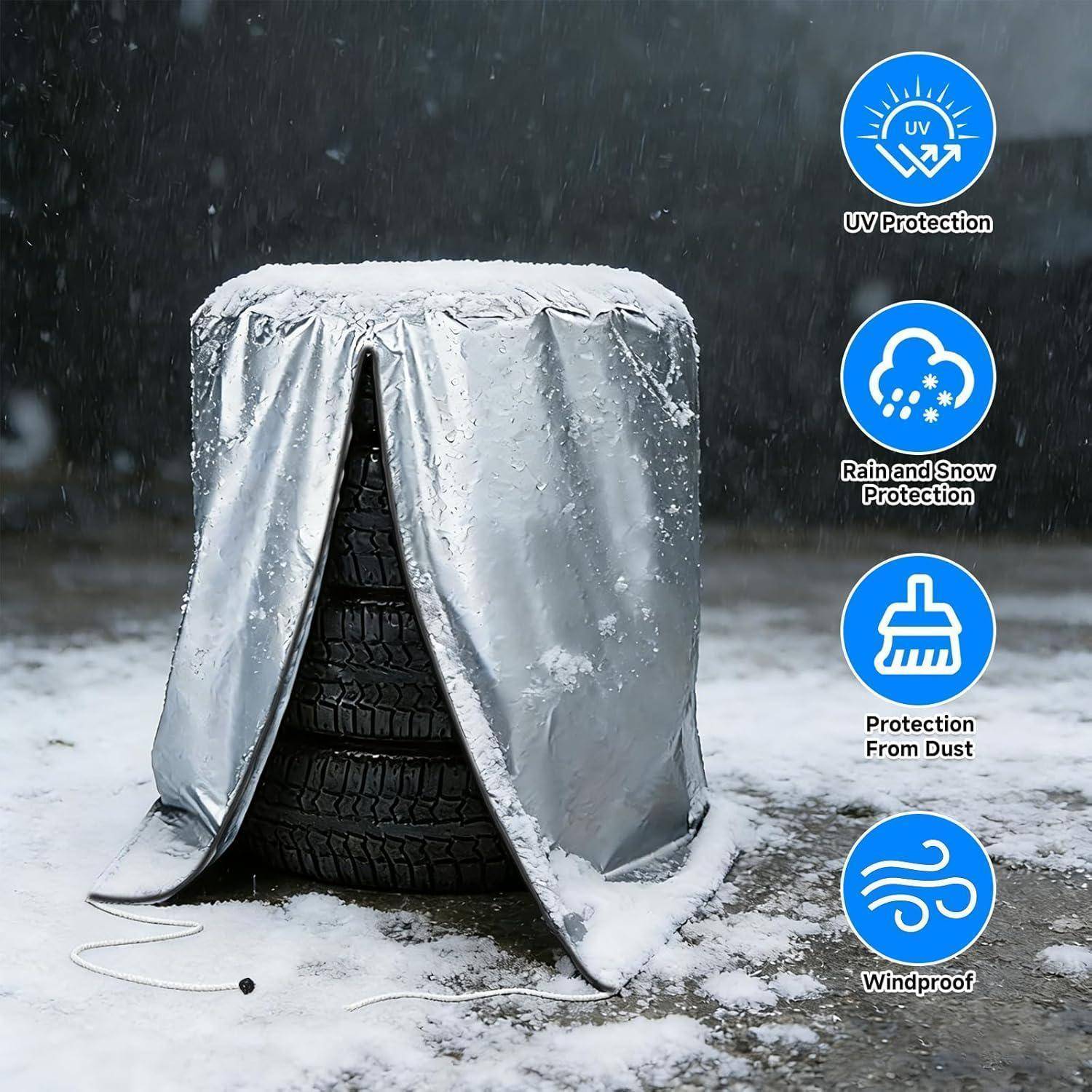 Abgedeckter Reifen, geschützt durch eine silberne Abdeckung bei Regen und Schnee; Symbole zeigen UV-, Regen- und Schneebeständigkeit, Staub- und Windschutz.