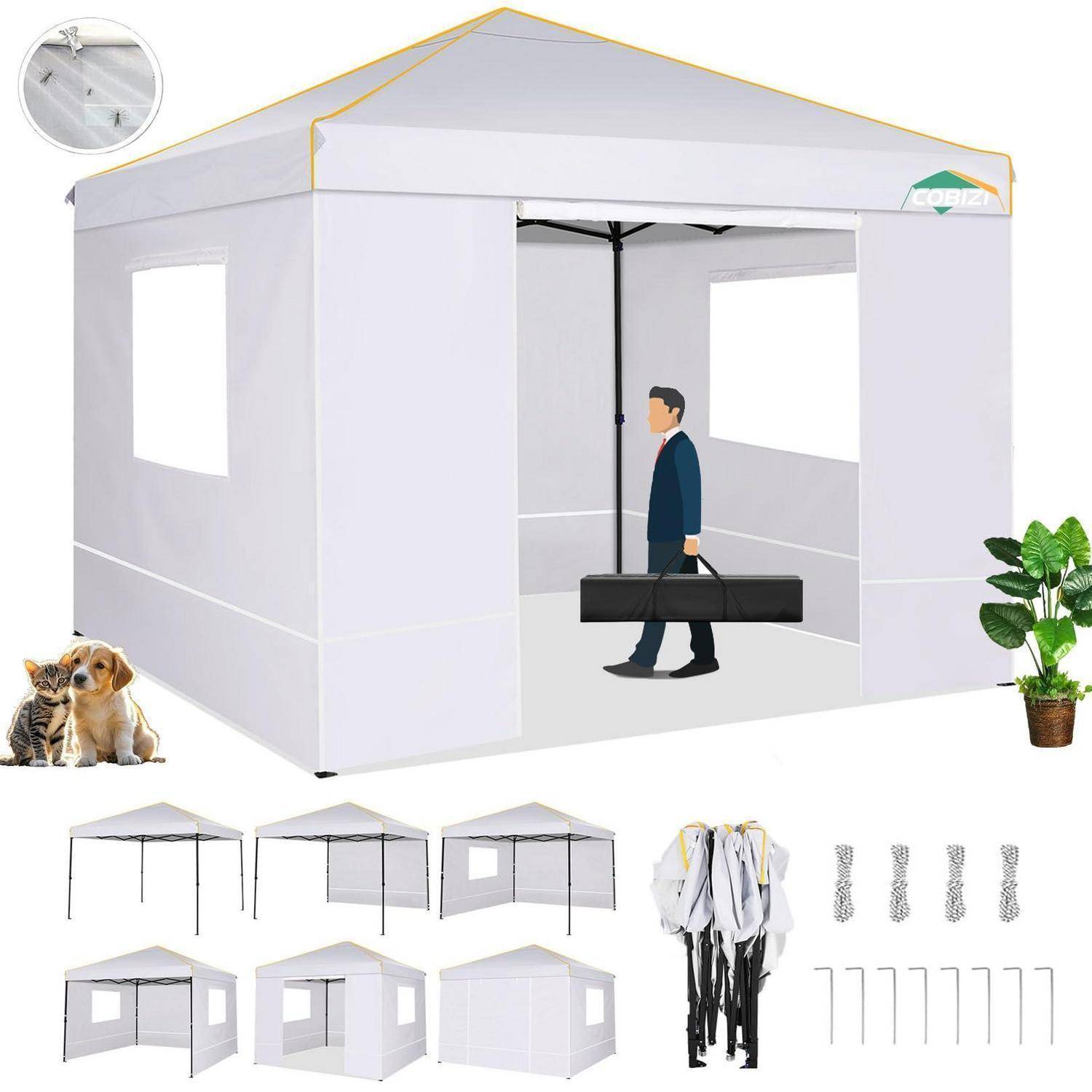 Weißes tragbares Pavillon-Zelt mit Seitenfenstern, gezeigt in Gebrauch mit einer Person, die einen Koffer trägt, und Detailaufnahmen von Aufbauelementen und Zubehör.