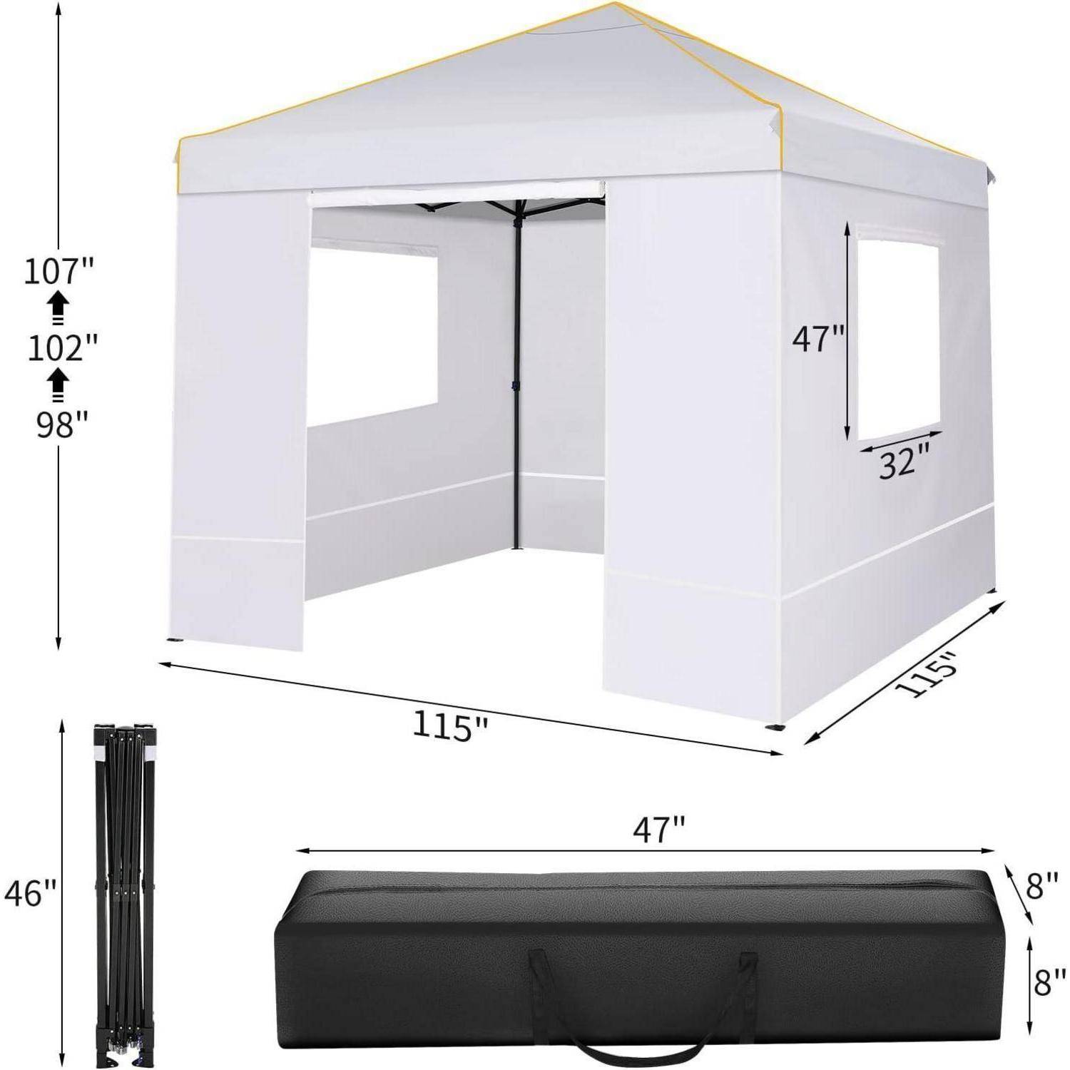 Illustrierte Abmessungen eines weißen Pop-up-Markisenzelt mit schwarzer Transporttasche; Gesamtgröße 115 x 115 Zoll, Höhe 98-107 Zoll, Fensteröffnungen 47 x 32 Zoll.