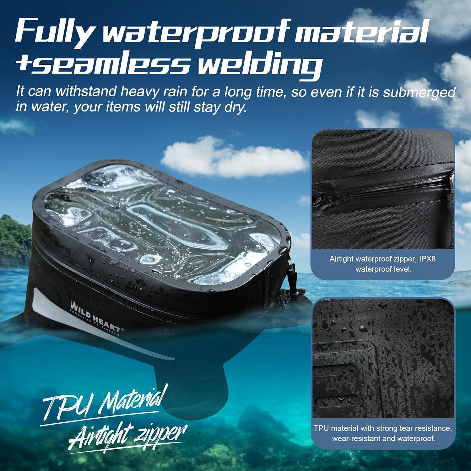 Werbegrafik einer wasserdichten Tasche, die im Wasser schwebt, mit Text, der „Vollständig wasserdichtes Material + nahtlose Verschweißung" hervorhebt, TPU-Material und einen luftdichten wasserdichten Reißverschluss, IPX8.