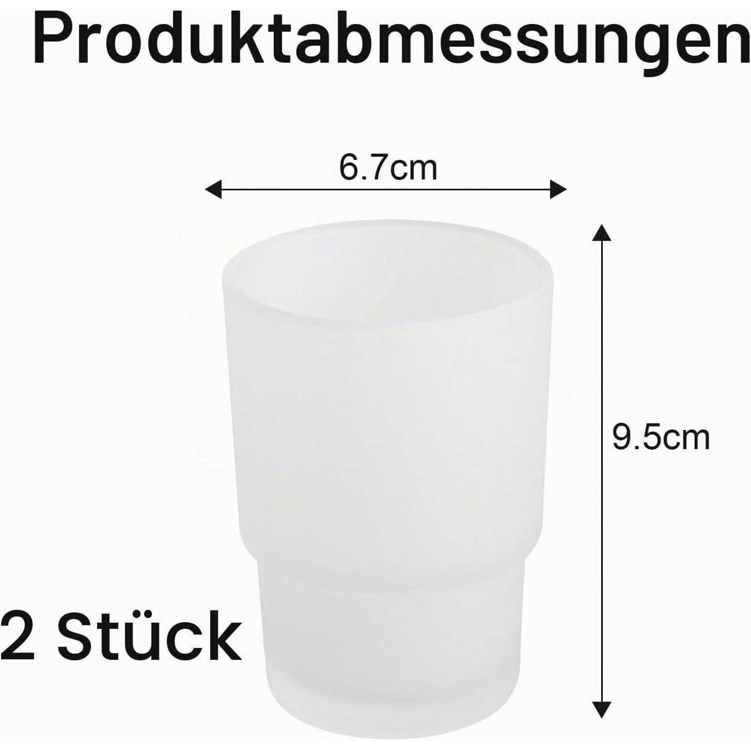 Produktabmessungsdiagramm eines weißen zylindrischen Bechers oder Halters, gekennzeichnet mit 6,7 cm Breite und 9,5 cm Höhe, mit „2 Stück