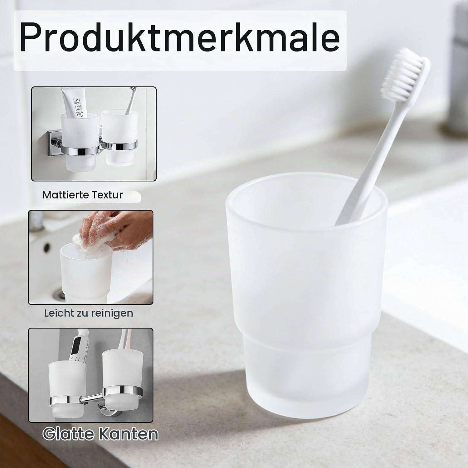 Produktmerkmale für einen weißen Zahnbürstenbecher: matte Oberflächenstruktur, leicht zu reinigen, glatte Kanten; dargestellt mit Zahnbürste auf der Arbeitsplatte.