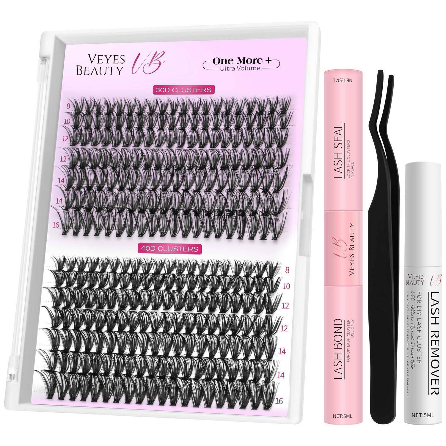 Wimpernverlängerungs-Set mit 3D- und 4D-Büscheln in einem Etui, mit Lash Seal, Lash Bond, Lash Remover und Pinzetten.